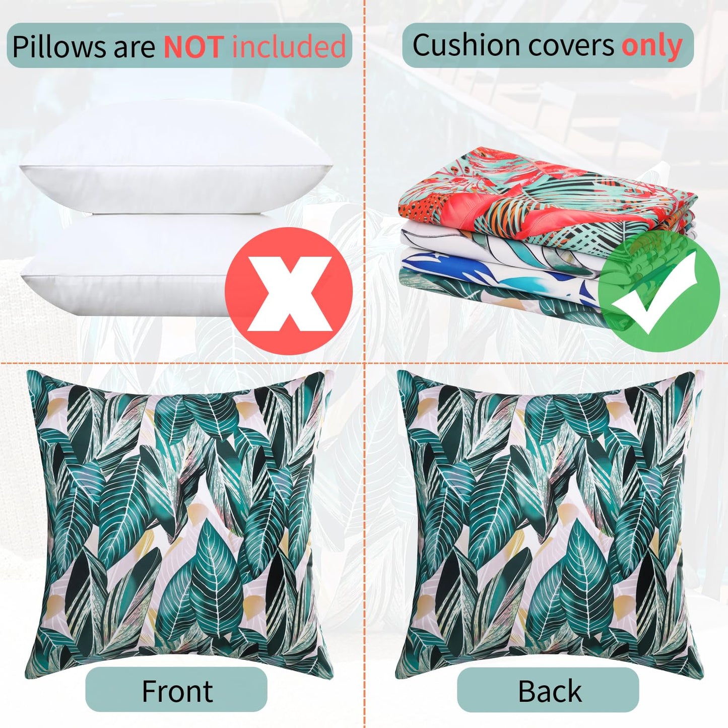 Outdoor Waterproof Pillow Covers Summer Decorative Throw Pillow Covers Tropical Leaf Couch Covers 20x20 Set of 2 Square Outdoor Floral Cushion Cases for Patio Furniture Garden Tent Balcony Bench BST220