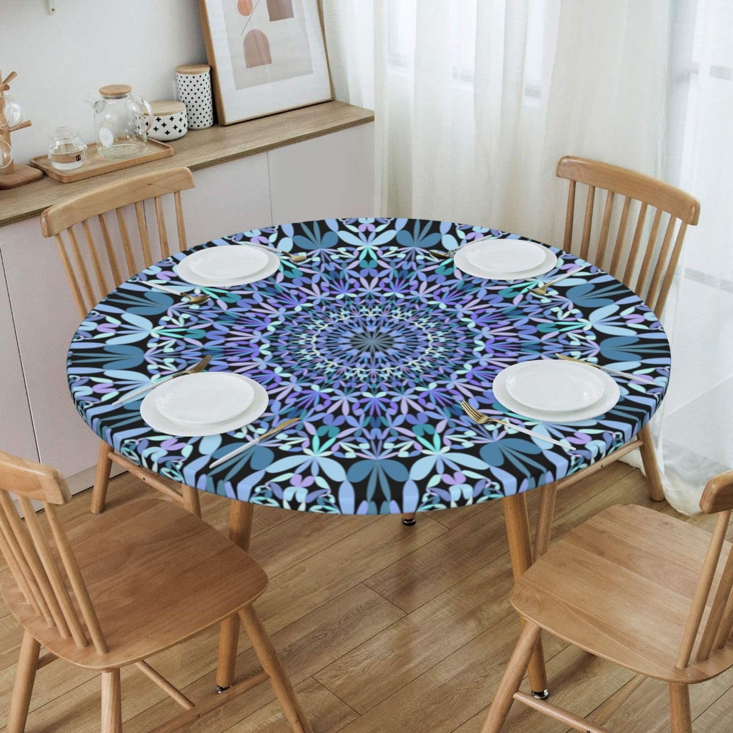 Blue Petal Mandala Pattern Tablecloth with Elastic Edge, Round Table Cover Washable Reusable Bohemian Table Cloths for Kitchen Dining Party, Medium (Fits 45-50 in) BST202
