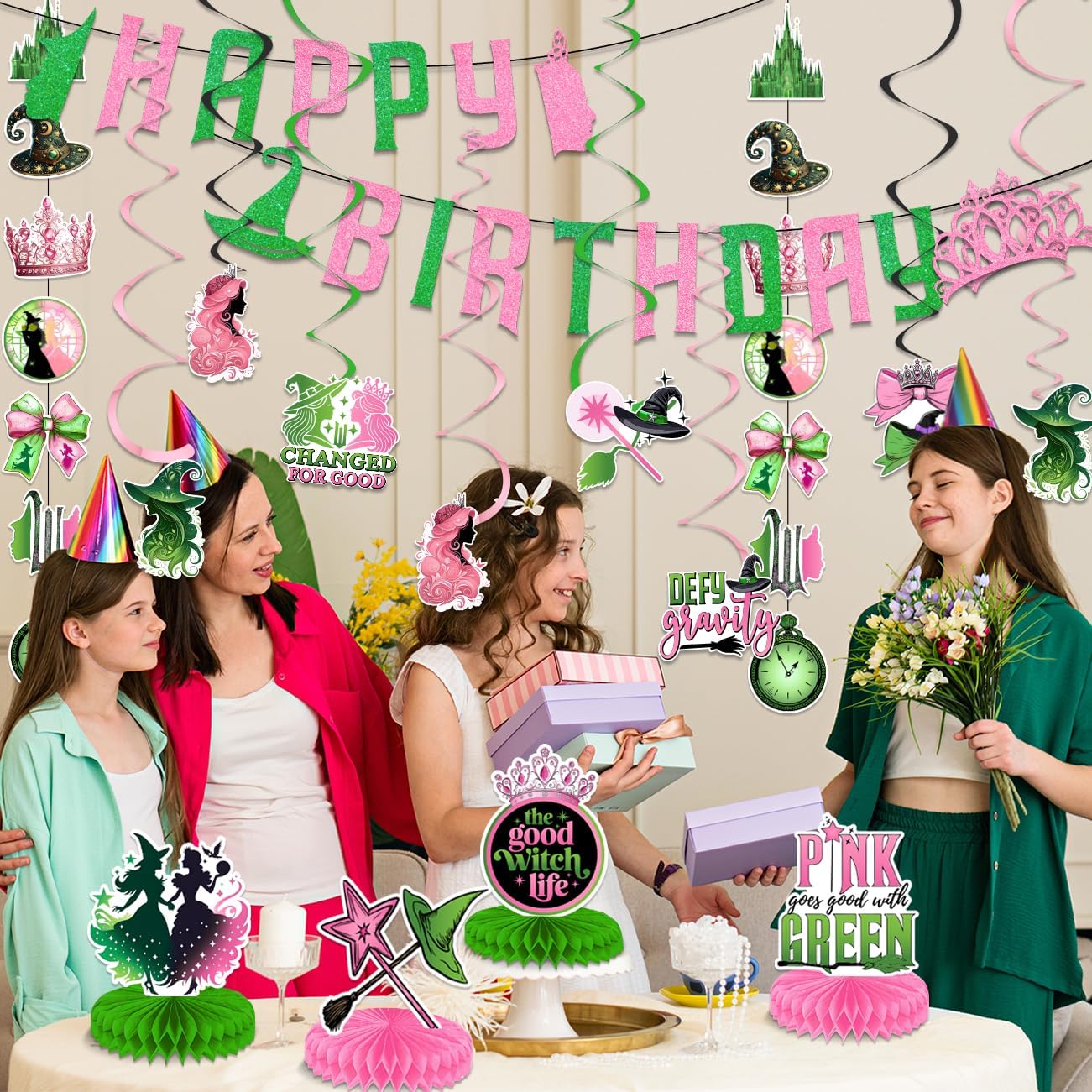 Witch Party Decorations Pink and Green Happy Birthday Banner Hanging Swirls and Honeycomb Centerpieces Witch Theme Party Decorations for Girls Women Birthday Party Supplies BST220