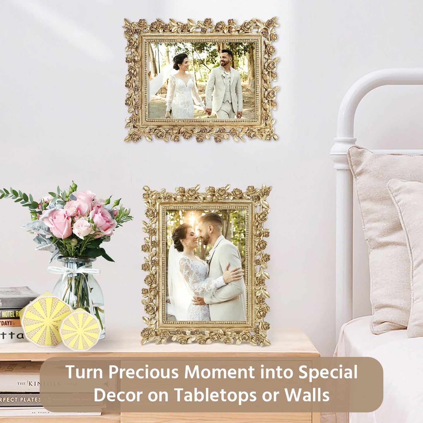 5x7 Wedding Picture Frame Gold,2 Pack Small Frame for Gallery Decor | Durable Resin Material,Tabletop & Wall Display,Real Glass,Rose Floral Design,Antique Brass Finish,Wedding Arrangement Decor BST326H