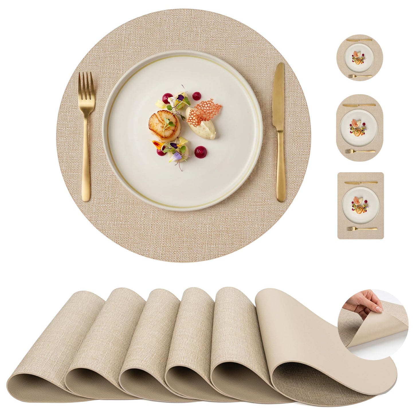 Faux Leather Placemats Set of 6, Wipeable Waterproof Stain Resistant Table Mats, Heat Resistant Thick Placemats with Hand-Painted Edges for Kitchen Dining, Imitative Linen Texture, Various Shapes BST326H