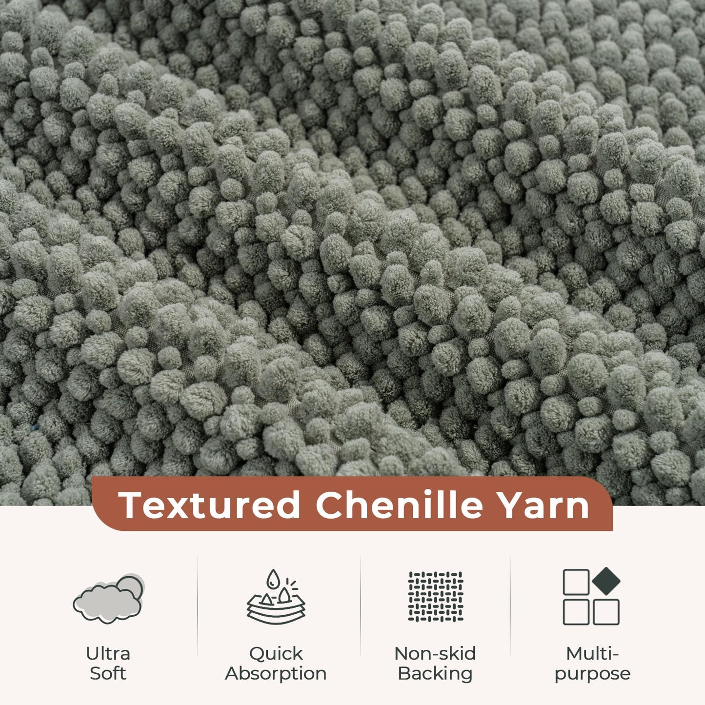 FRESHMINT Chenille Bathroom Rugs Sets 2 Piece 17"x24"+20"x32", Non-Slip Bath Mats, Absorbent Bath Rug, Washable Set of 2 Shower Floor Mat, Gray BST220