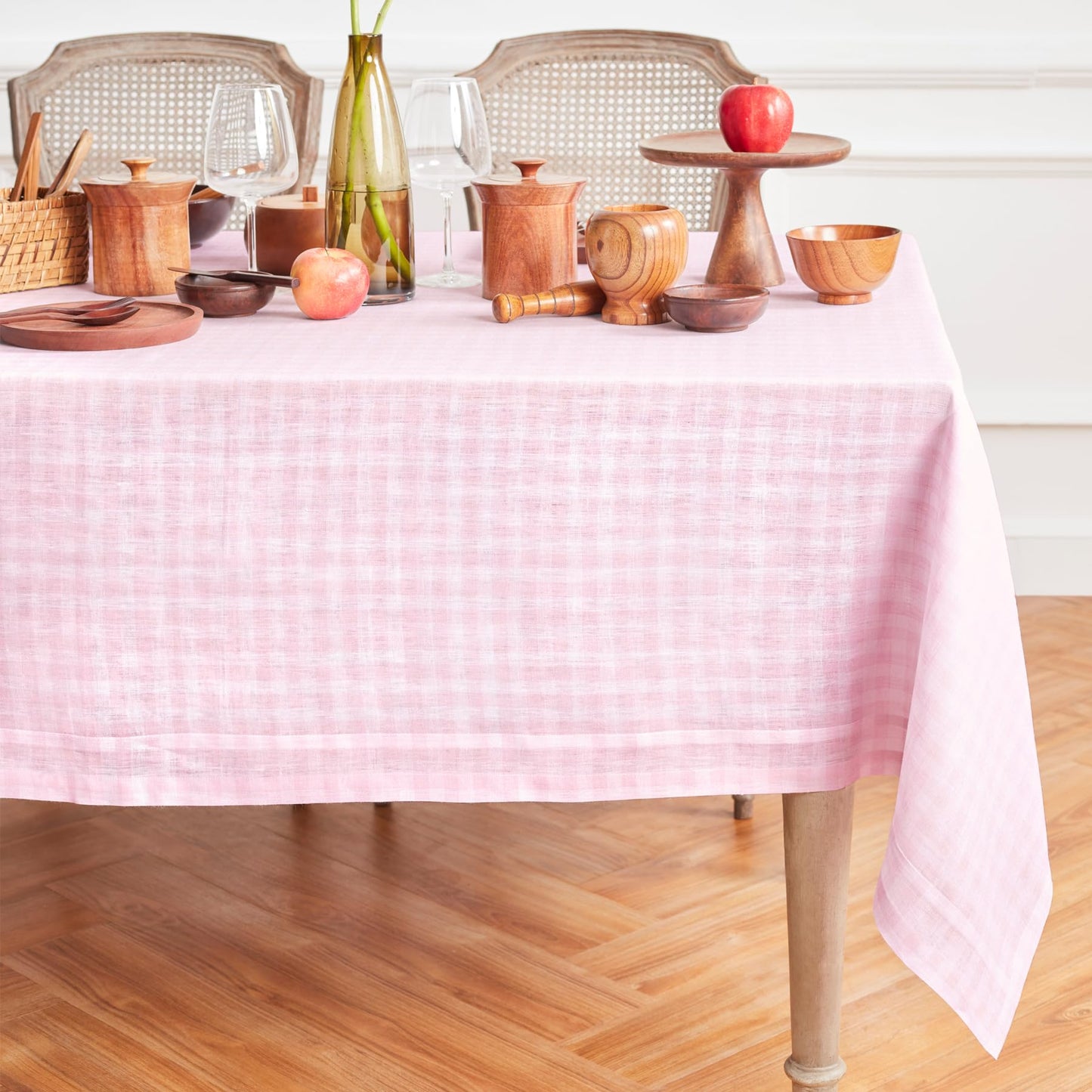 Solino Home 100% Linen Table Cloth, Throw Apricot, Gingham Check 52 x 52 in | Checkered Linen Tablecloth a neat topper for bistro, card and side tables | checkered weave | Pure Linen | OEKO-TEX Certified BST326SOLH