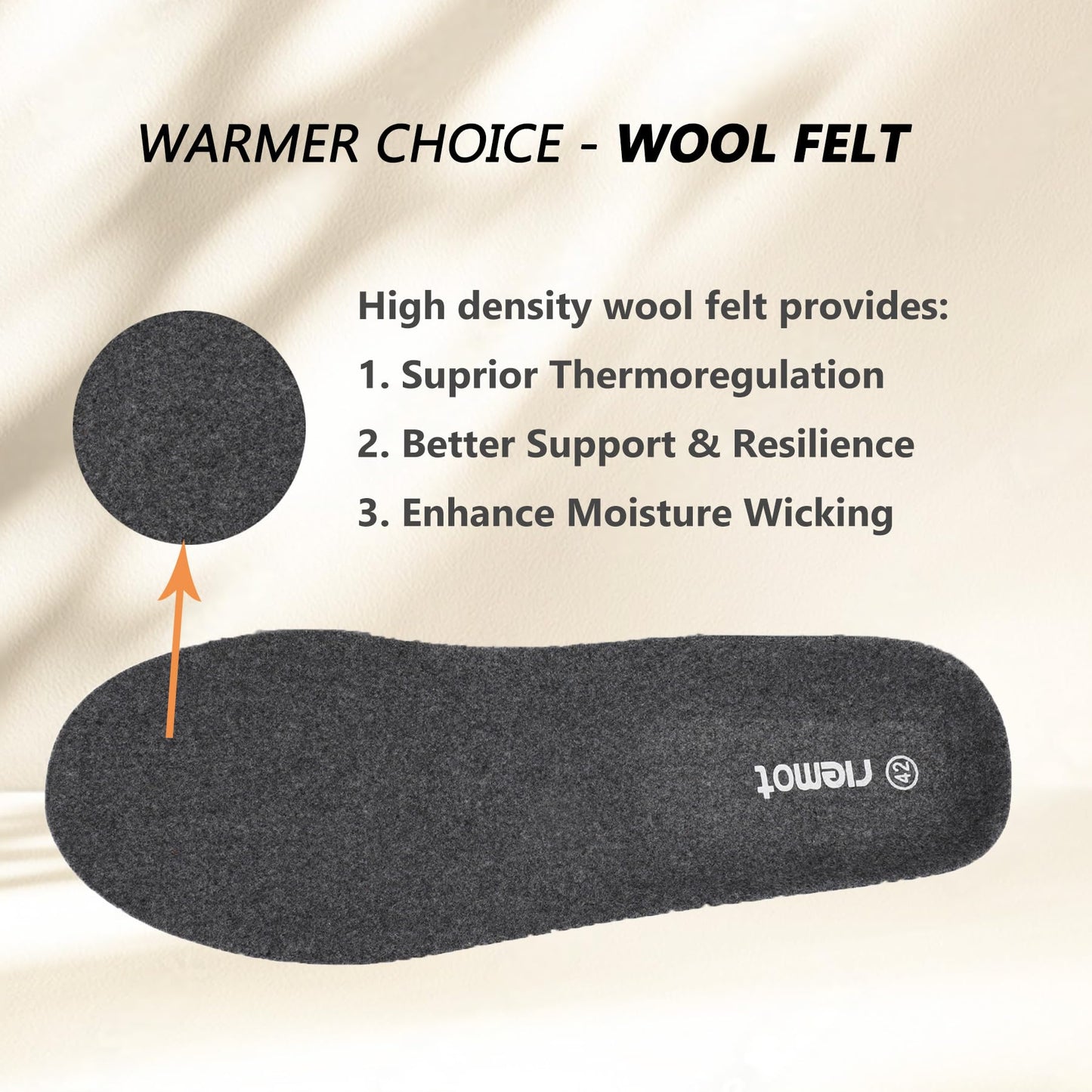 riemot Merino Wool Felt Insoles for Men Women, Cushioned Arch Support Shoe Inserts Relieve Foot Pains, Sport Insole Replacement Inserts for Boots Sneakers Grey EU 46 WN420