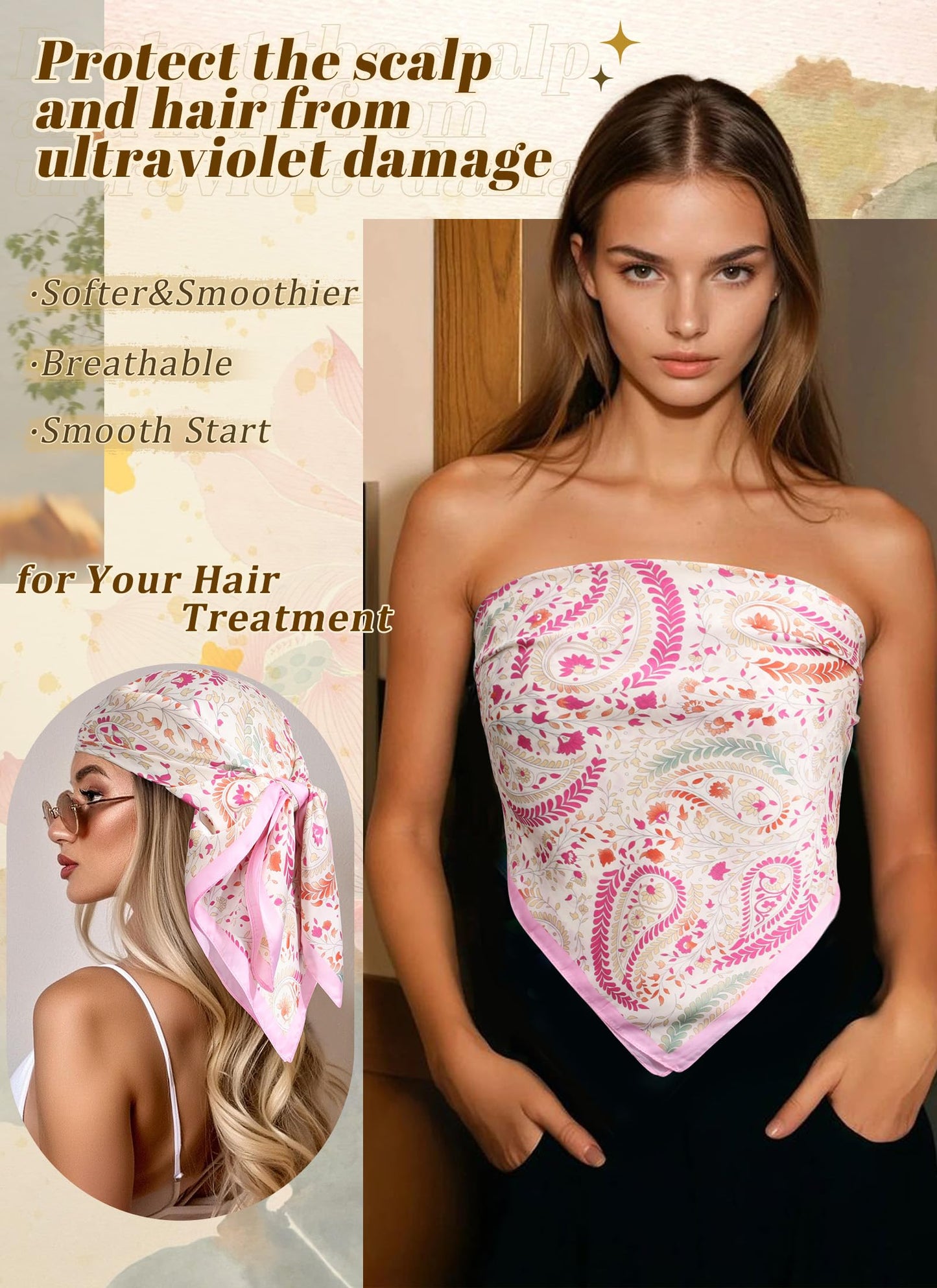 CHLINS 27.5” Square Head Scarf for Women Satin Hair Scarf Silk Wrap Neck Scarves Bandanas for Handbags Accessories WN420