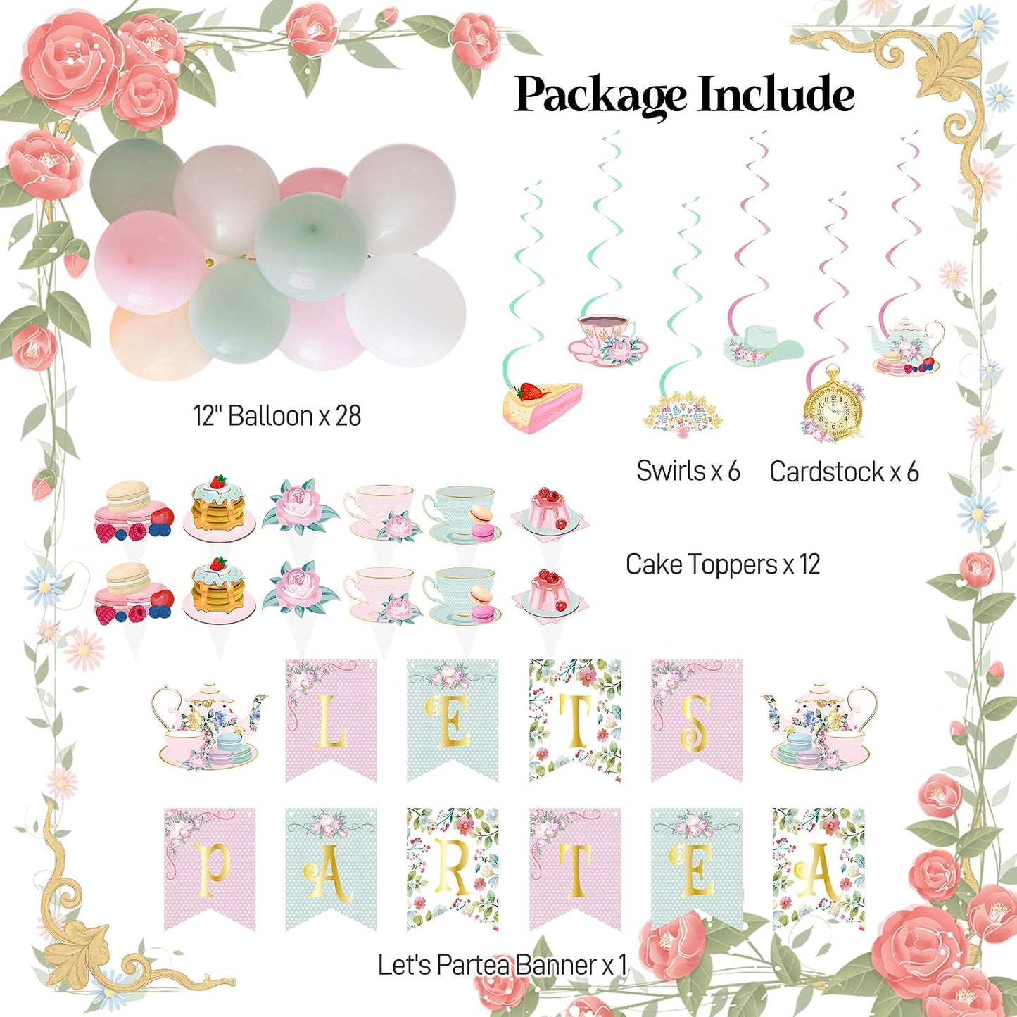 47Pcs Tea Party Decorations Set Floral Garden Party Decor with Balloon Arch, Banner, Cake Toppers, Hanging Swirls for Birthday, Bridal Shower, Baby Shower BST202