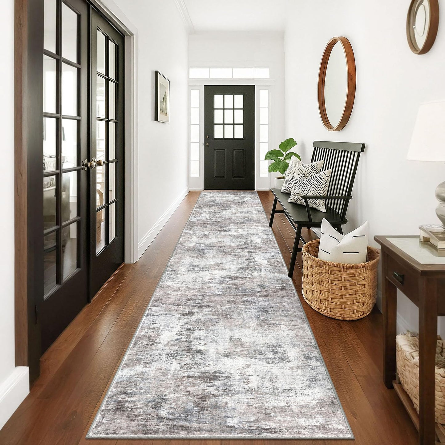 Lansny Modern Abstract Runner - 2x5, Beige Grey Washable Kitchen Entryway Rug Mat Non-Slip Soft Neutral Hallway Rug Thin Print Faux Wool Carpet for Bedroom Laundry Room Indoor BST220