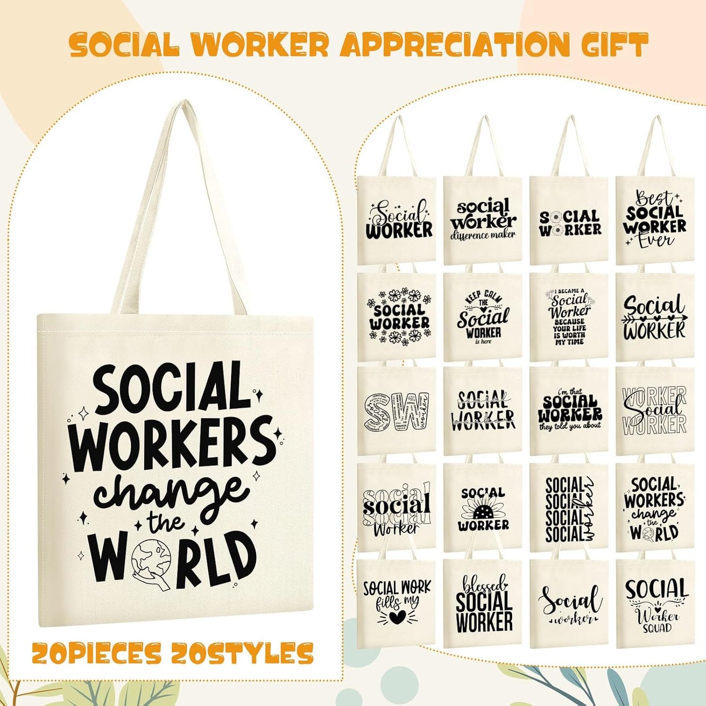 Paterr 20 Pcs Social Worker Appreciation Gift for Women Thank You Social Worker Gifts Canvas Tote Bag Bulk(White) BST326H