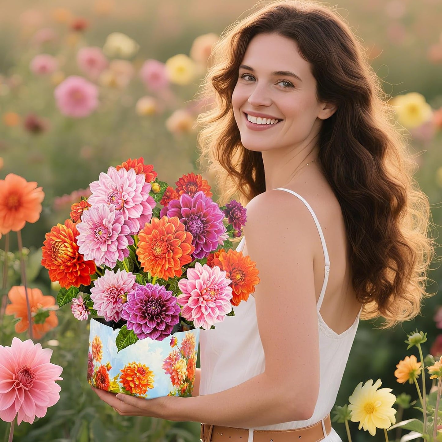 Pop Up Greeting Cards, Dahlia Paper Flower Bouquets | Birthday,Mother's Day, Thank You, Get Well, Anniversary,Include Note Card & Envelope WN420