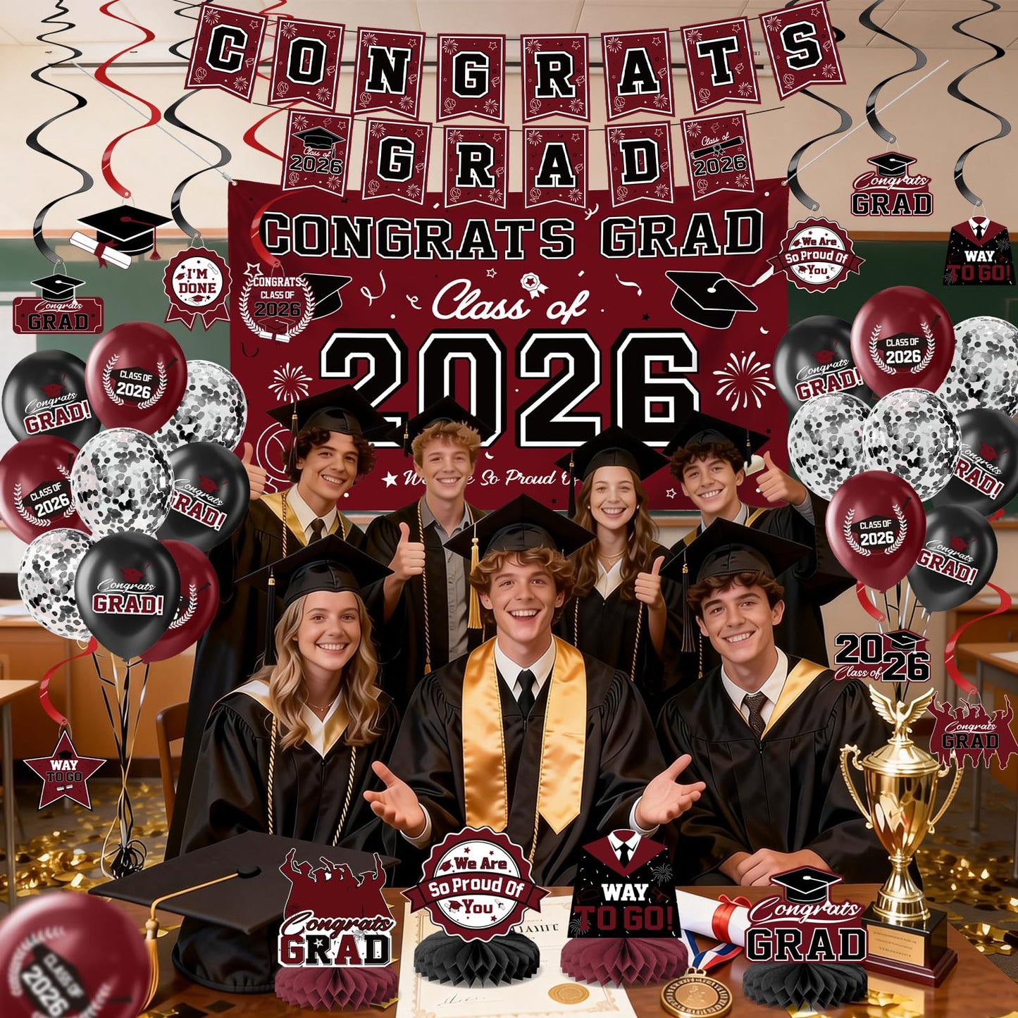 Graduation Decorations 2026-Black and Gold Graduation Party Decorations Supplies Class of 2026 with Graduation Banner, Backdrop, Balloons, Centerpieces, Hanging Swirl for Grad Party BST326H