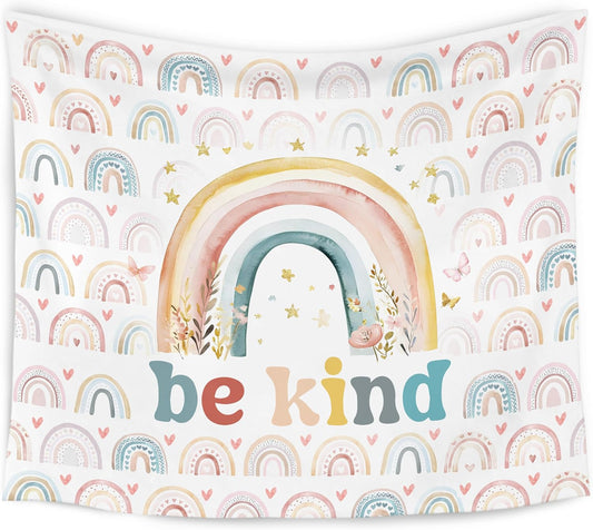 WARDOS Boho Rainbow Classroom Tapestry, Be Kind Motivational Tapestry Wall Hanging, Boho Pastel Rainbow Wall Blanket Decor for Classroom Kids Room Nursery Playroom, 50x60 Inch WN420