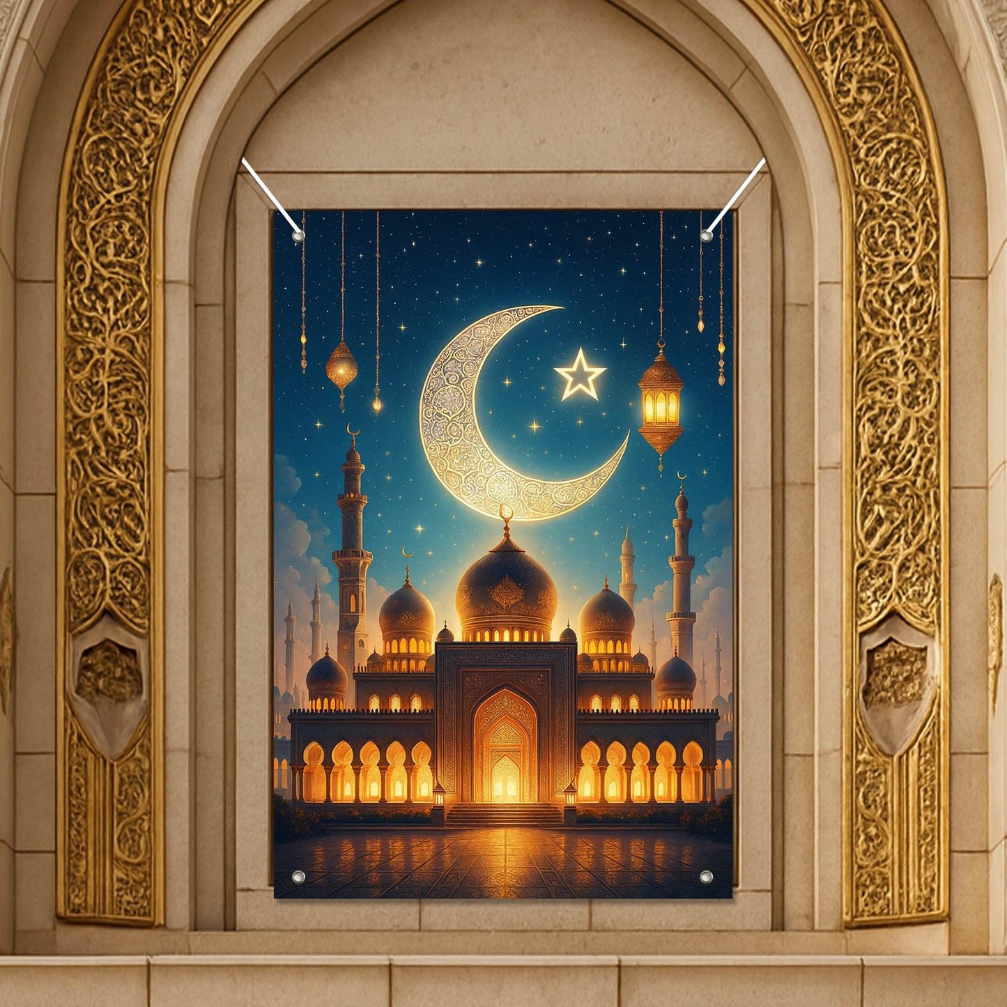 HOMETITUTE Eid Ramadan Window Banner Holiday Curtain Backdrop 31x47 Fabric | Mubarak Cover Festival Screen Windows Banner Hanging Living Room Bedroom Home Crescent Moon Star Pattern Design BST326H