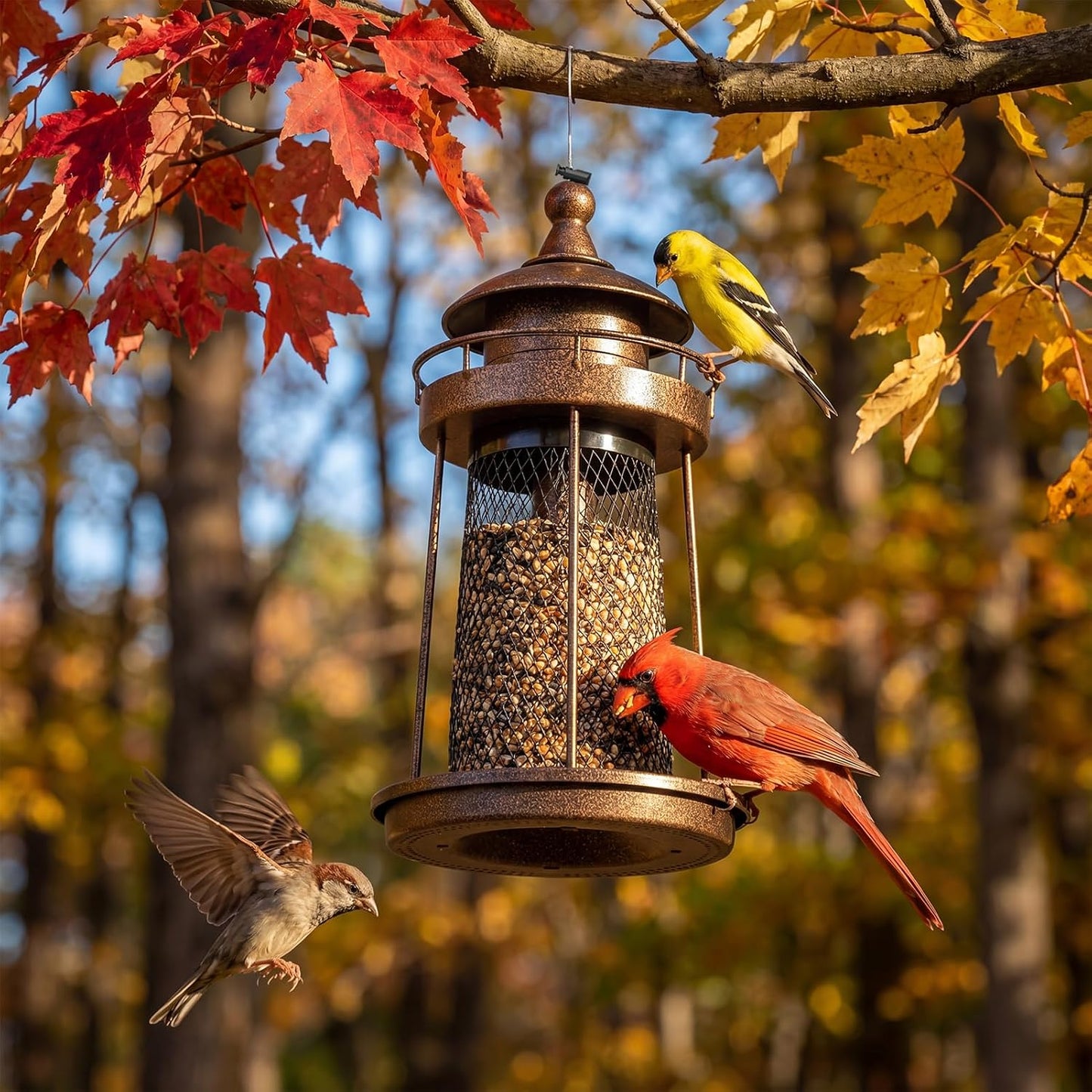 Lavezee Bird Feeder for Outdoors, Large Capacity Hanging Bird Feeders for Outside Wild Birds Hummingbird Parrot, Bronze WN420