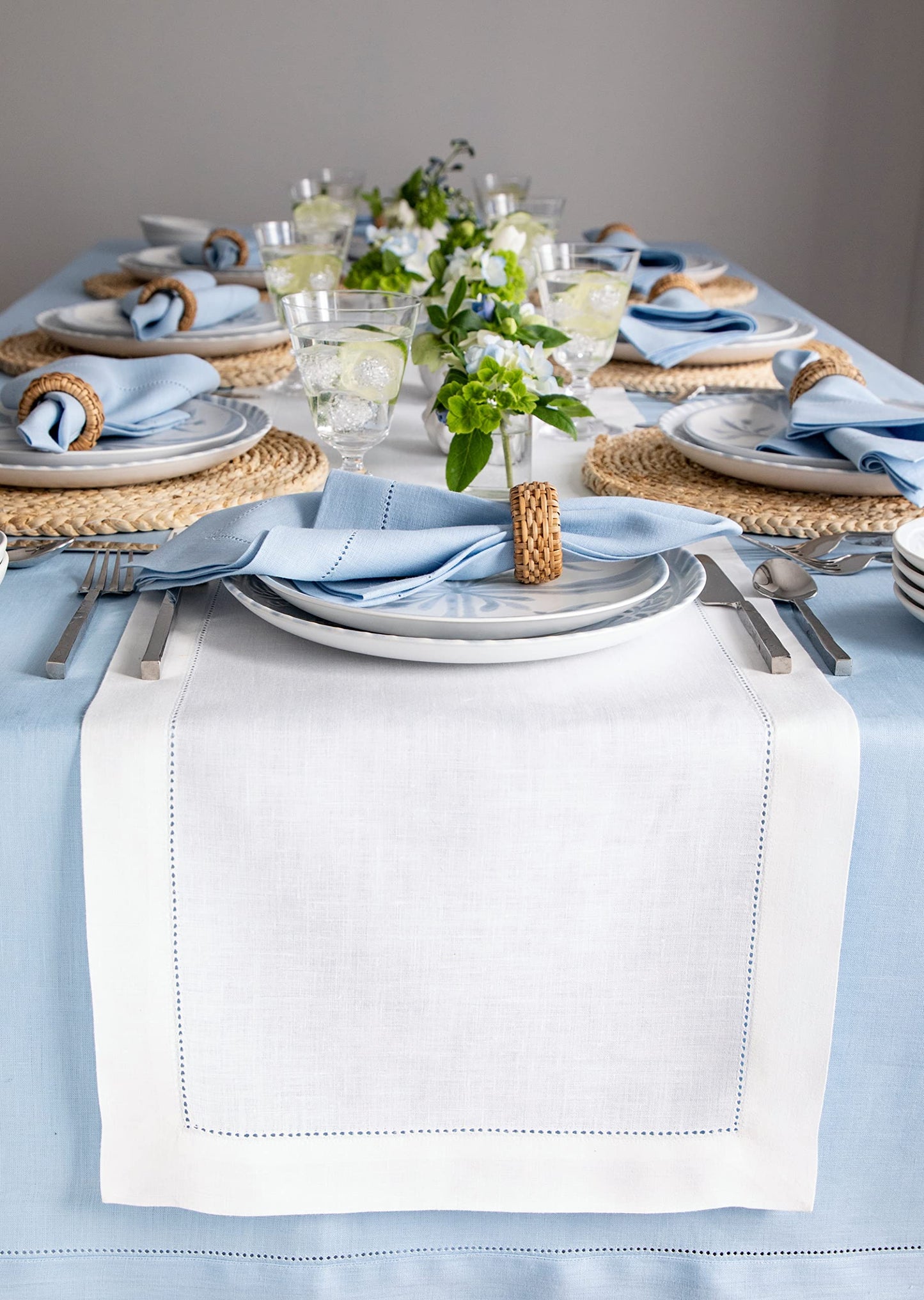 Solino Home 100% Pure Linen Table Runner Garden Green Hemstitch, 14 x 48 in | Classic Hemstitch Table Runners for dining, hallway and console table styling | hand hemstitched borders | OEKO-TEX Certified BST326SOLH