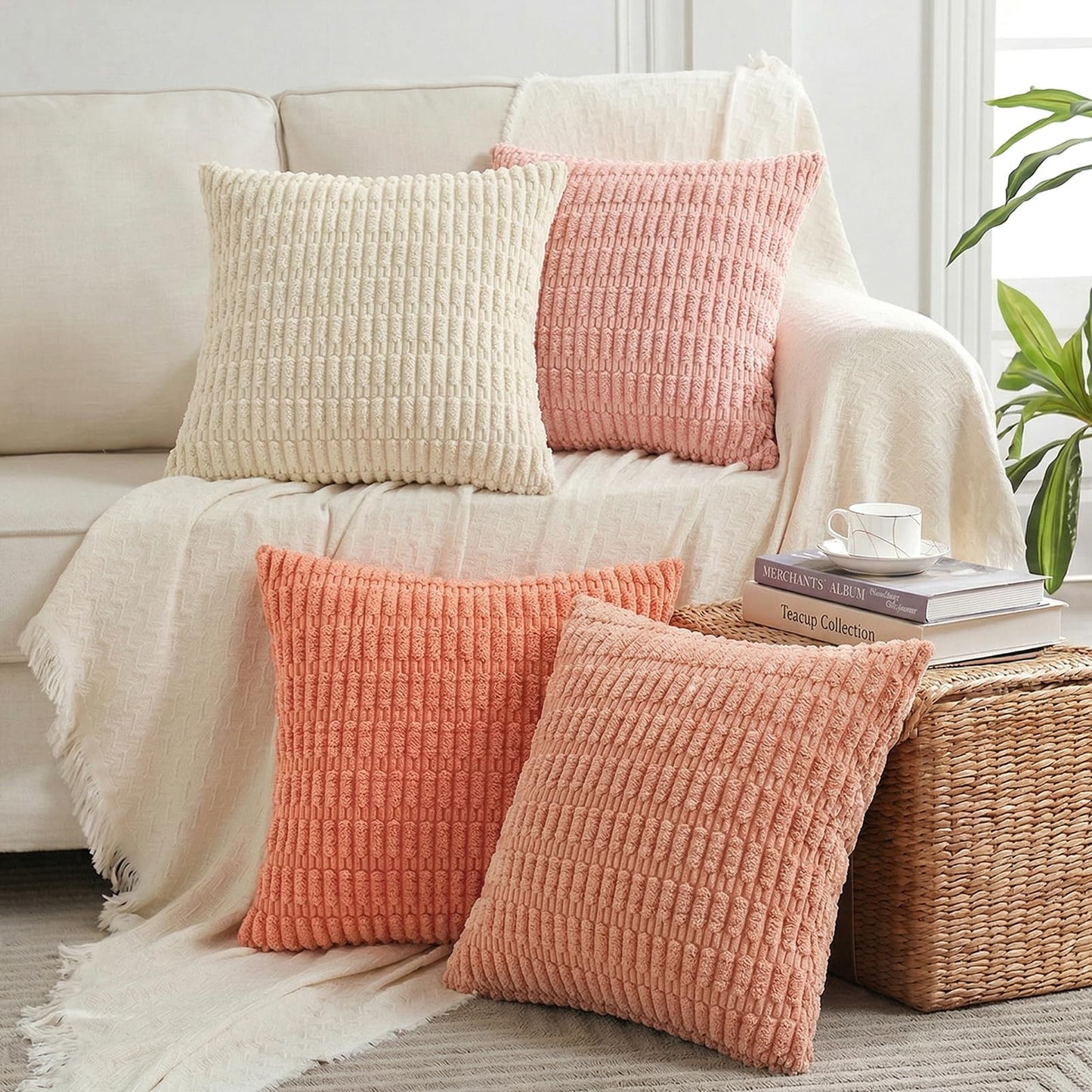 Fancy Homi 4 Packs Decorative Throw Pillow Covers for Living Room Couch Bed, Modern Farmhouse Boho Home Décor Accent Cushion Case, 26" x 26", Peach BST220
