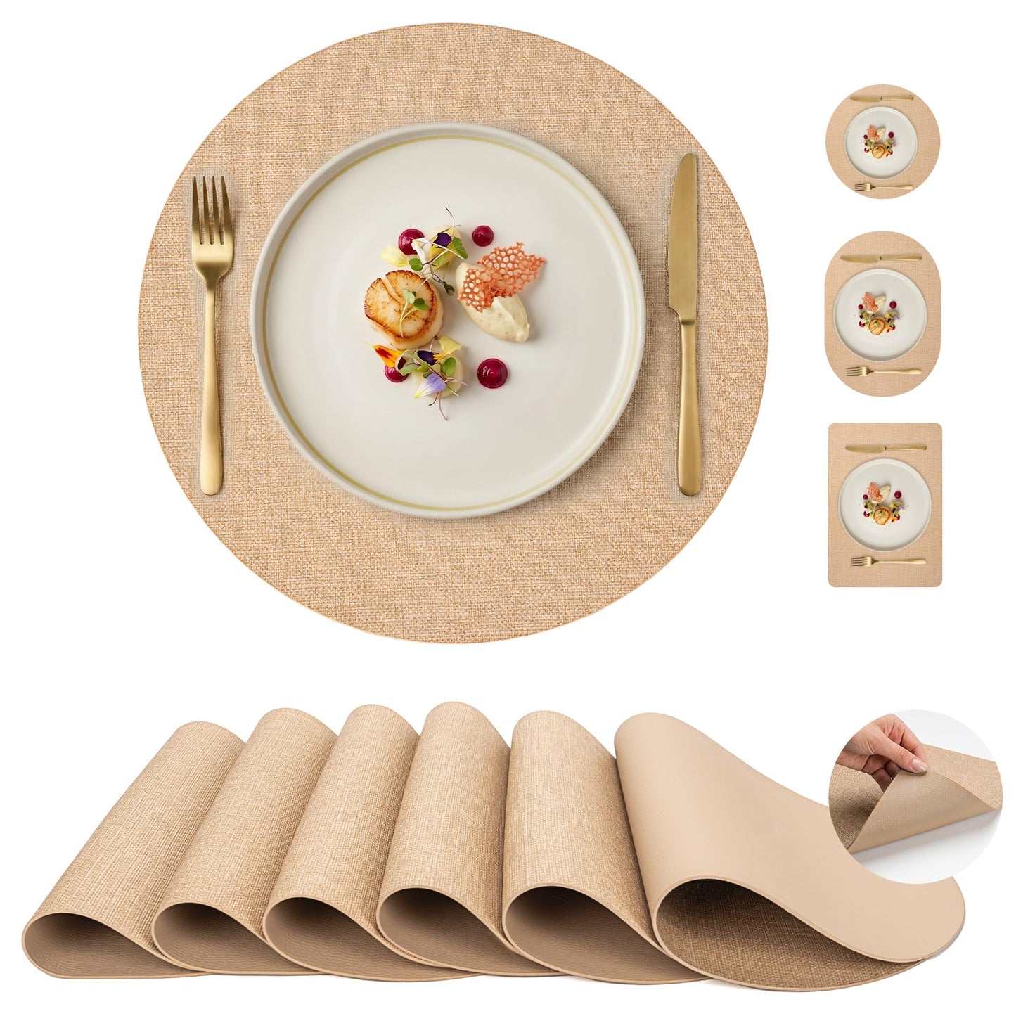 Faux Leather Placemats Set of 6, Wipeable Waterproof Stain Resistant Table Mats, Heat Resistant Thick Placemats with Hand-Painted Edges for Kitchen Dining, Imitative Linen Texture, Various Shapes BST326H