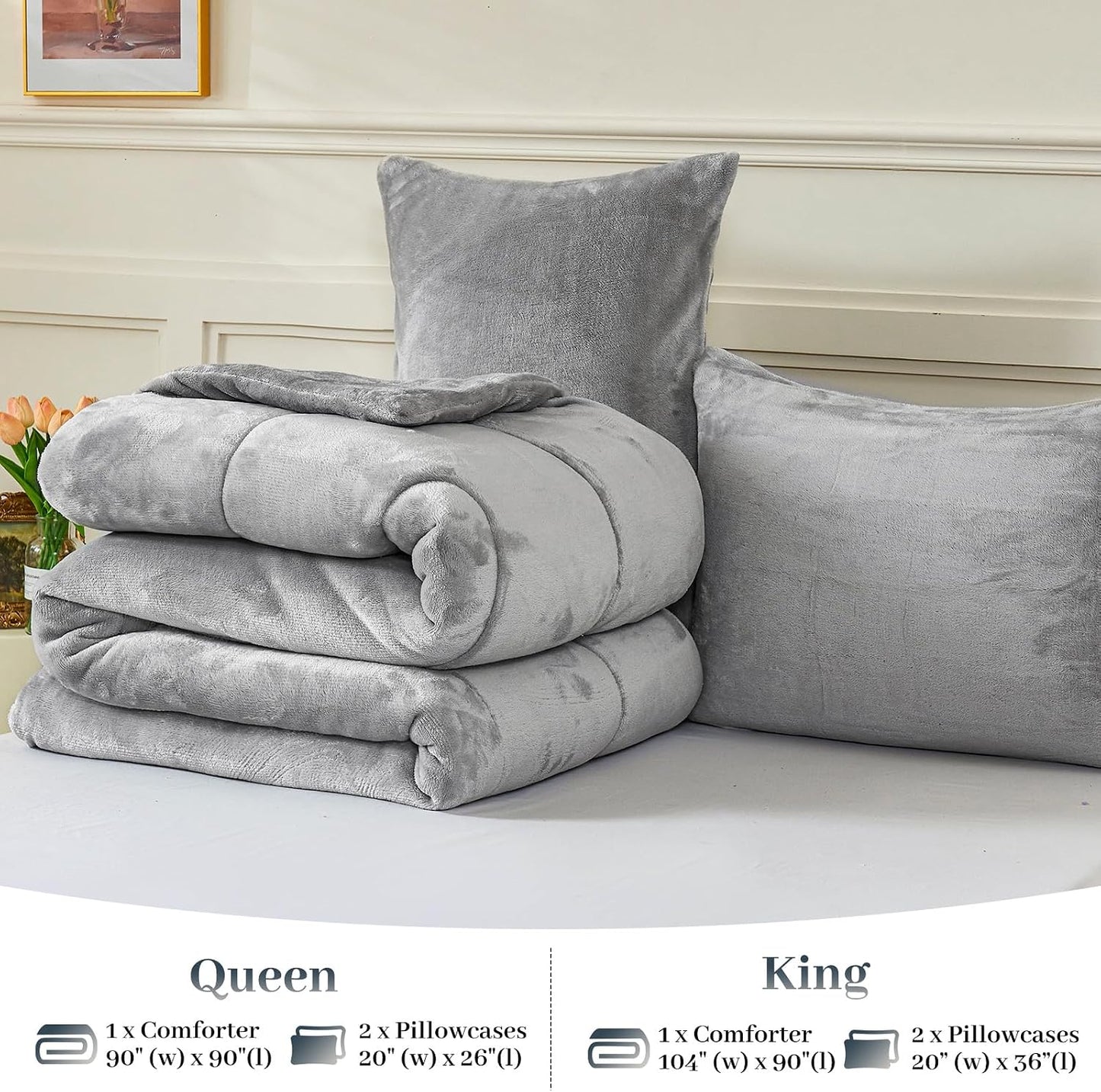 YIYEA Fluffy Queen Size Comforter Set, Luxury Faux Fur Comforter, Ultra Soft Plush Fuzzy Velvet Bedding Comforter Sets for Fall Winter, Cozy Warmth, No Shedding, 3PC, Queen, Light Grey BST326H