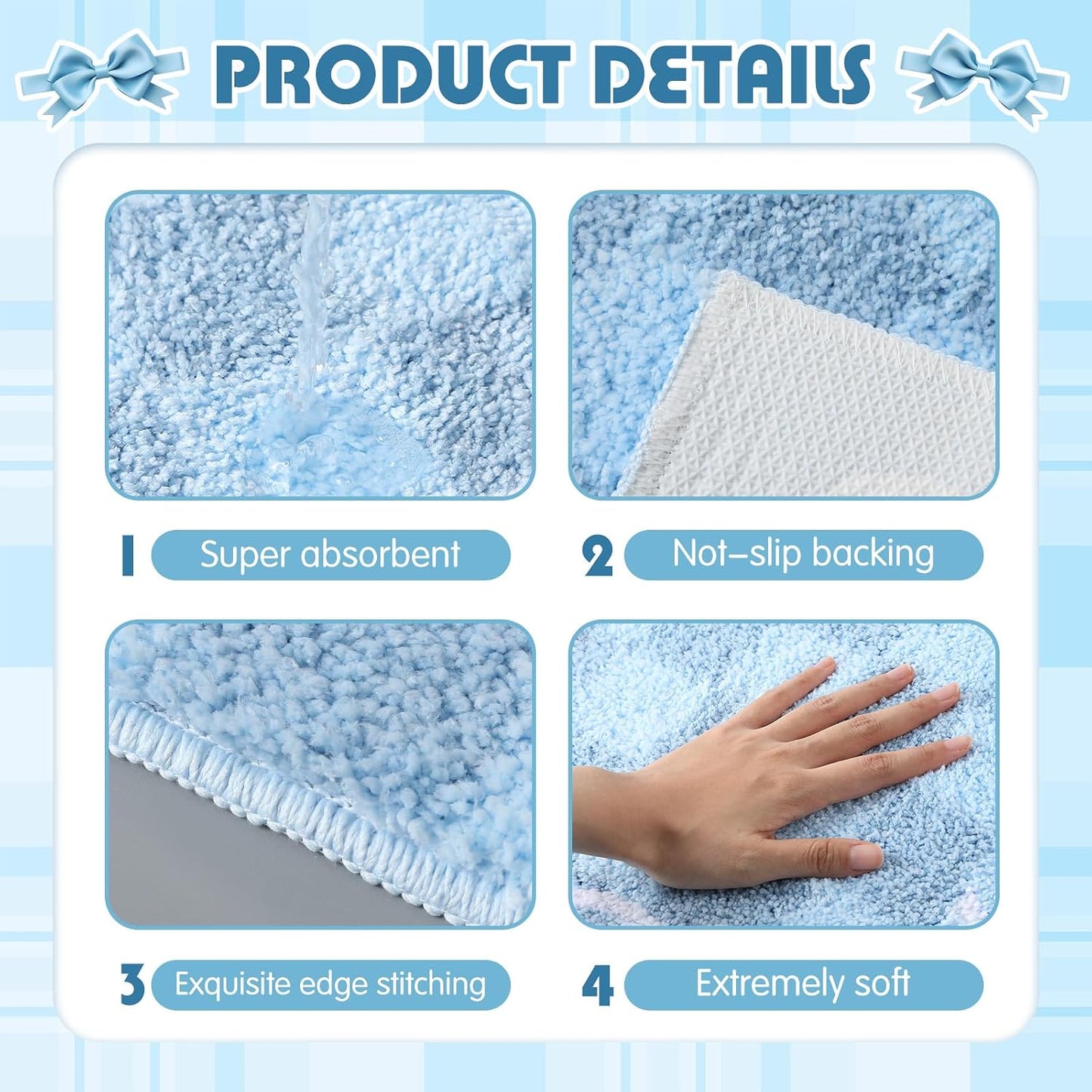 Breling Blue Checkered Bathroom Mat with Bows 16" x 26" Non Slip Blue Plaid Bath Mat Fluffy Microfiber Absorbent Bath Rug for Bathroom Floor Shower Kitchen Bedroom Home Decor BST220
