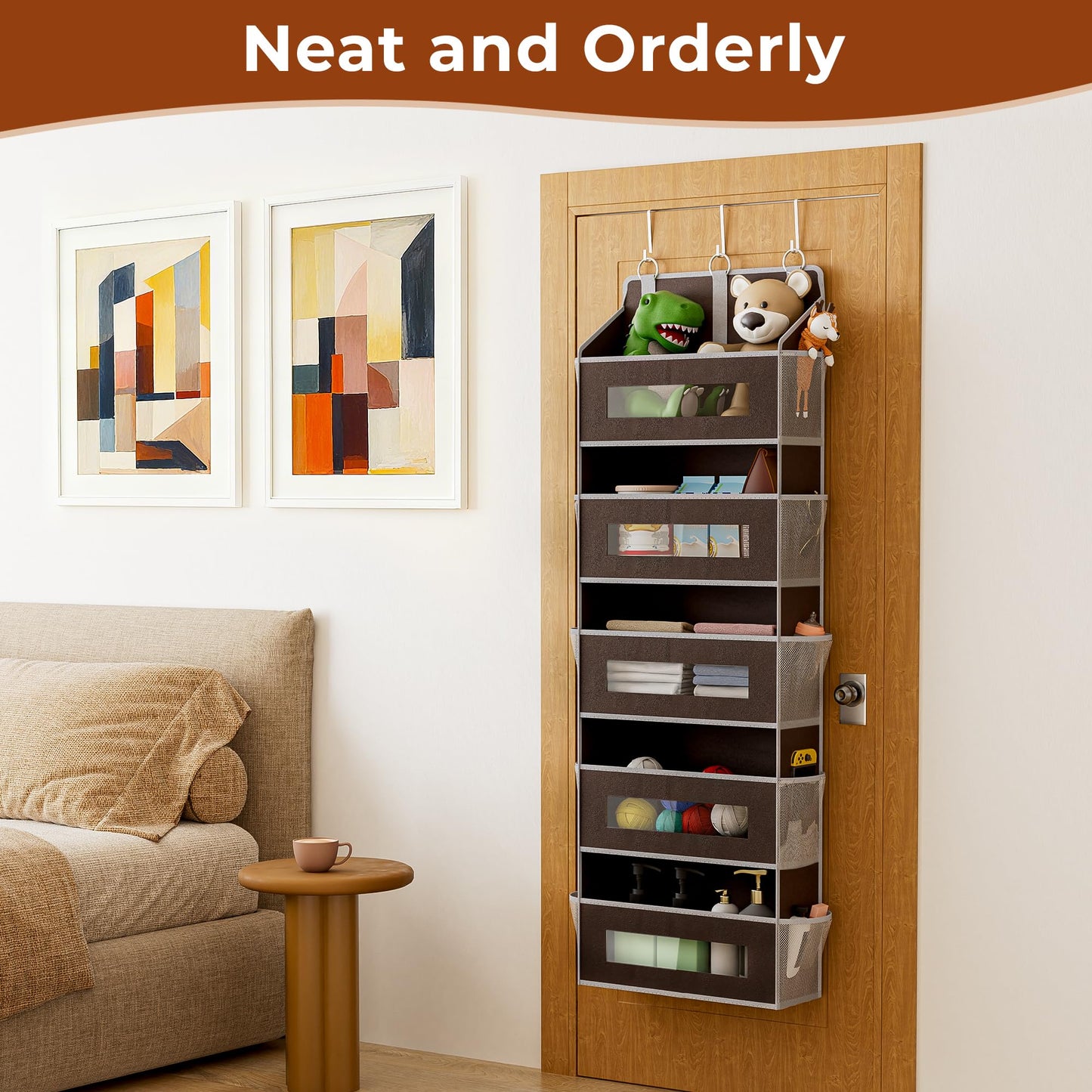 5 Tier Over The Door Organizer - Large Capacity Behind Door Hanging Shelves with 10 Mesh Pockets and Clear Windows, Closet Organizers and Storage for Bathroom, Bedroom, Nursery, Grey BST326H