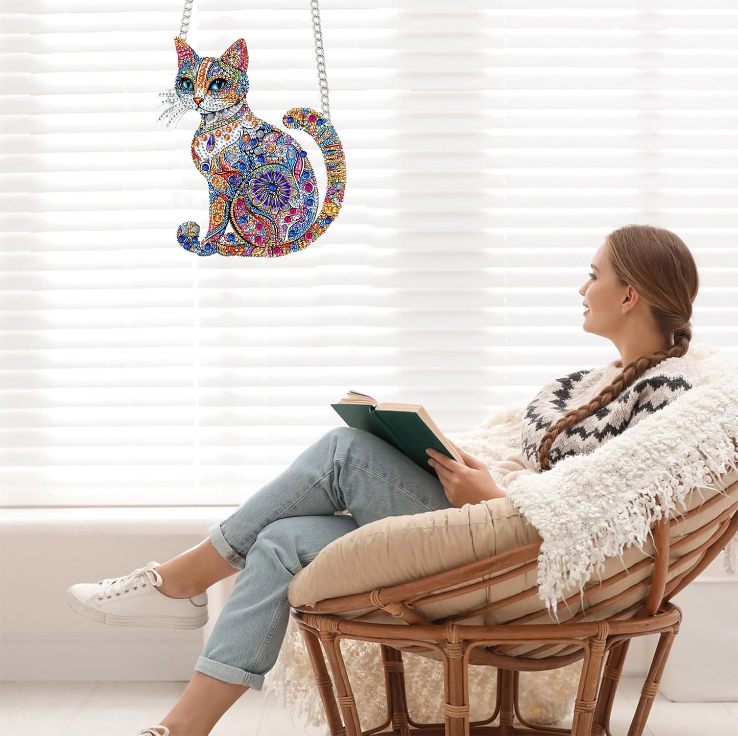 Bimkole Cat Diamond Art Hanging Kit for Adult, DIY 5D Animals Diamond Art Painting Window Pendant, Acrylic Crystal Art Hanging Ornament for Wall Home Garden Front Door Decor - 7.8x7.8 Inch BST220
