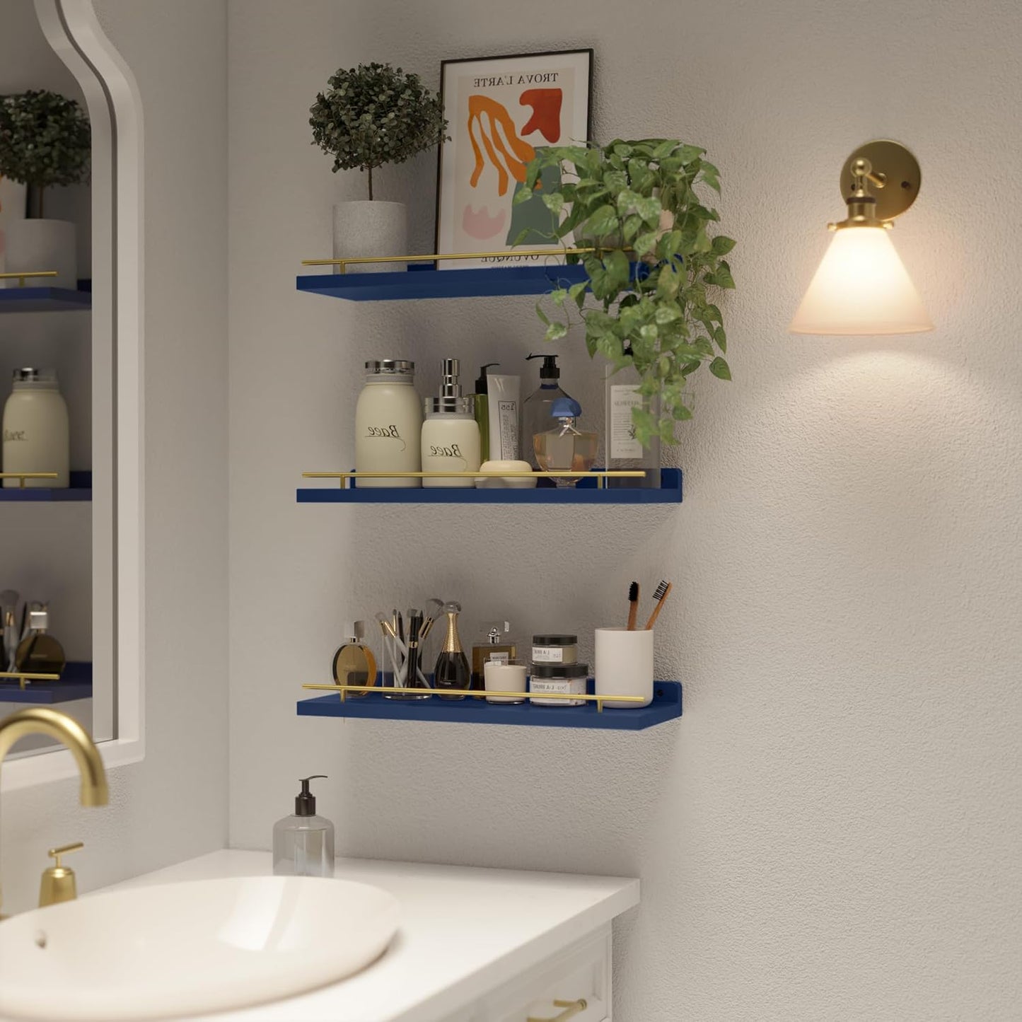 WOPITUES Floating Shelves with Gold Metal Guardrail, Shelves for Wall Decor Set of 3, Wall Shelves for Bedroom, Bathroom, Kitchen, Living Room, Plants, Picture Frames, Art- Gold in Navy Blue