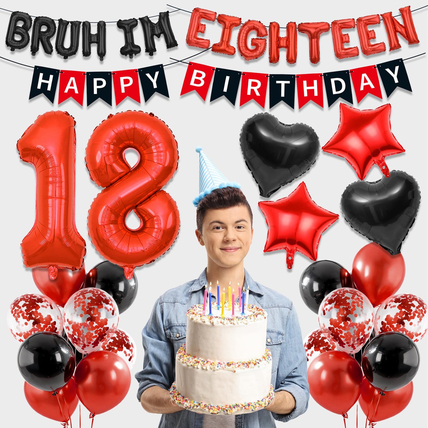 9th Birthday Decorations Boys Kit - 27 Pcs Red and Black Bruh Im Nine Balloon Banners Happy Birthday Fishtail Flags Number 9 Balloon Star Heart Balloons Set for 9 Year Old Party Decoration Supplies BST202
