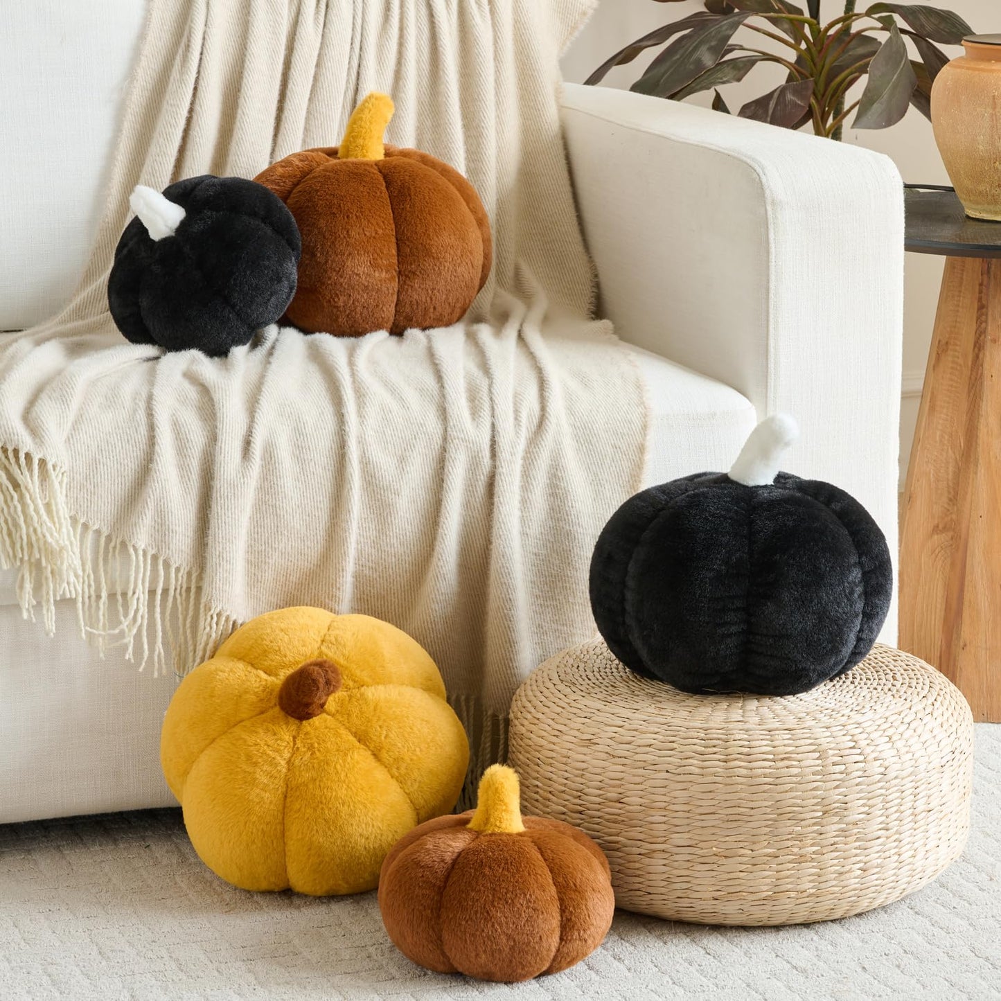 Pumpkin Pillows, Halloween Fall Throw Pillow, Pumpkin Shaped Pillow for Couch, Cute Stuffed Pumpkins, Autumn Decorative Cushion (White, 11 Inches) WN420