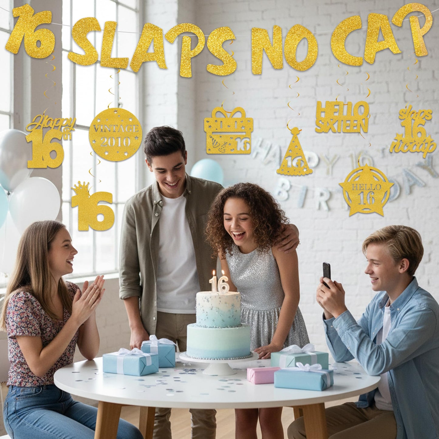 18th Birthday Decorations Banner for Boys - Pre-strung Gold Glitter 18 Slaps No Cap Banner Hanging Swirls, Funny Gen Z Slang 18 Year Old Party Supplies BST220