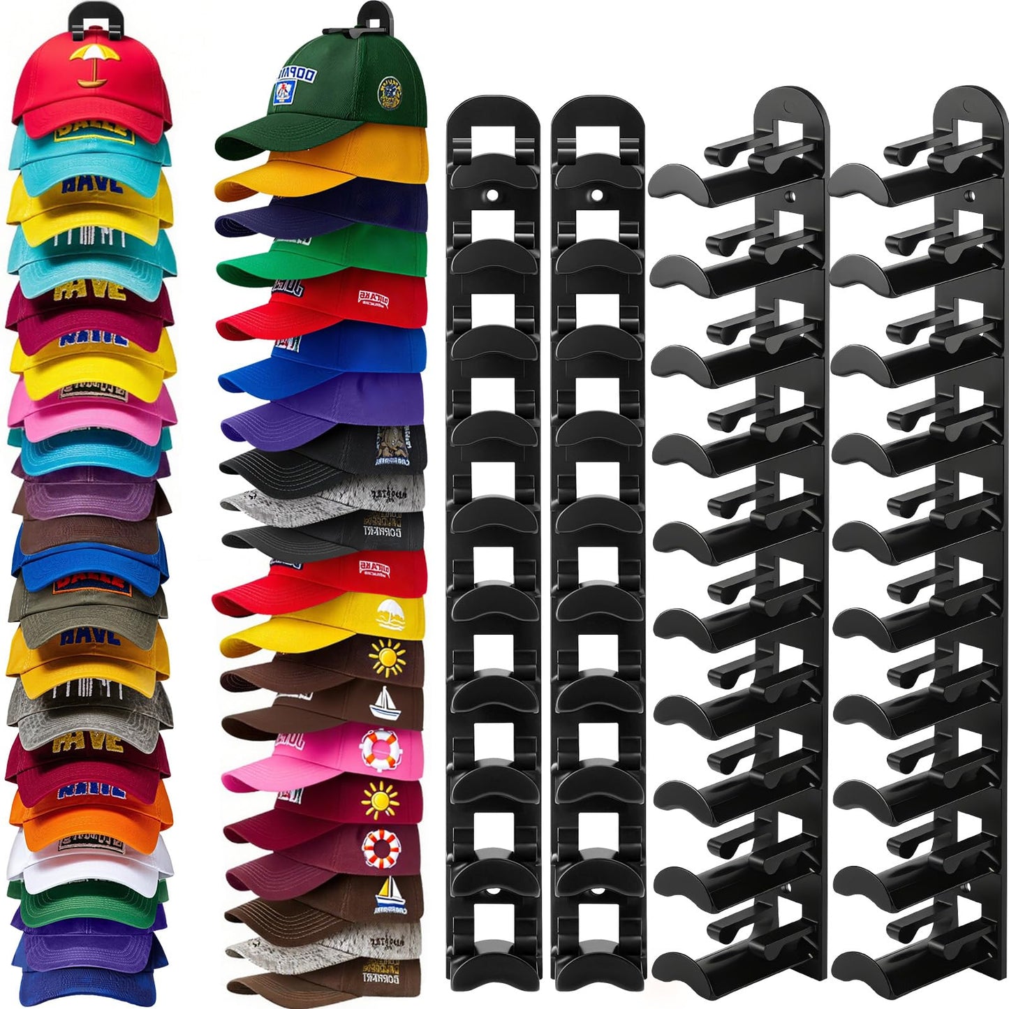Hat Hook for Wall, 2 Pack Hat Organizer Hold up to 20 Hats,Hat Holder with Strong Adhesive and 8 Pack Screws, Cap Holder Hat Hangers for Wall Closet Door and Bedroom(B-Black) BST220