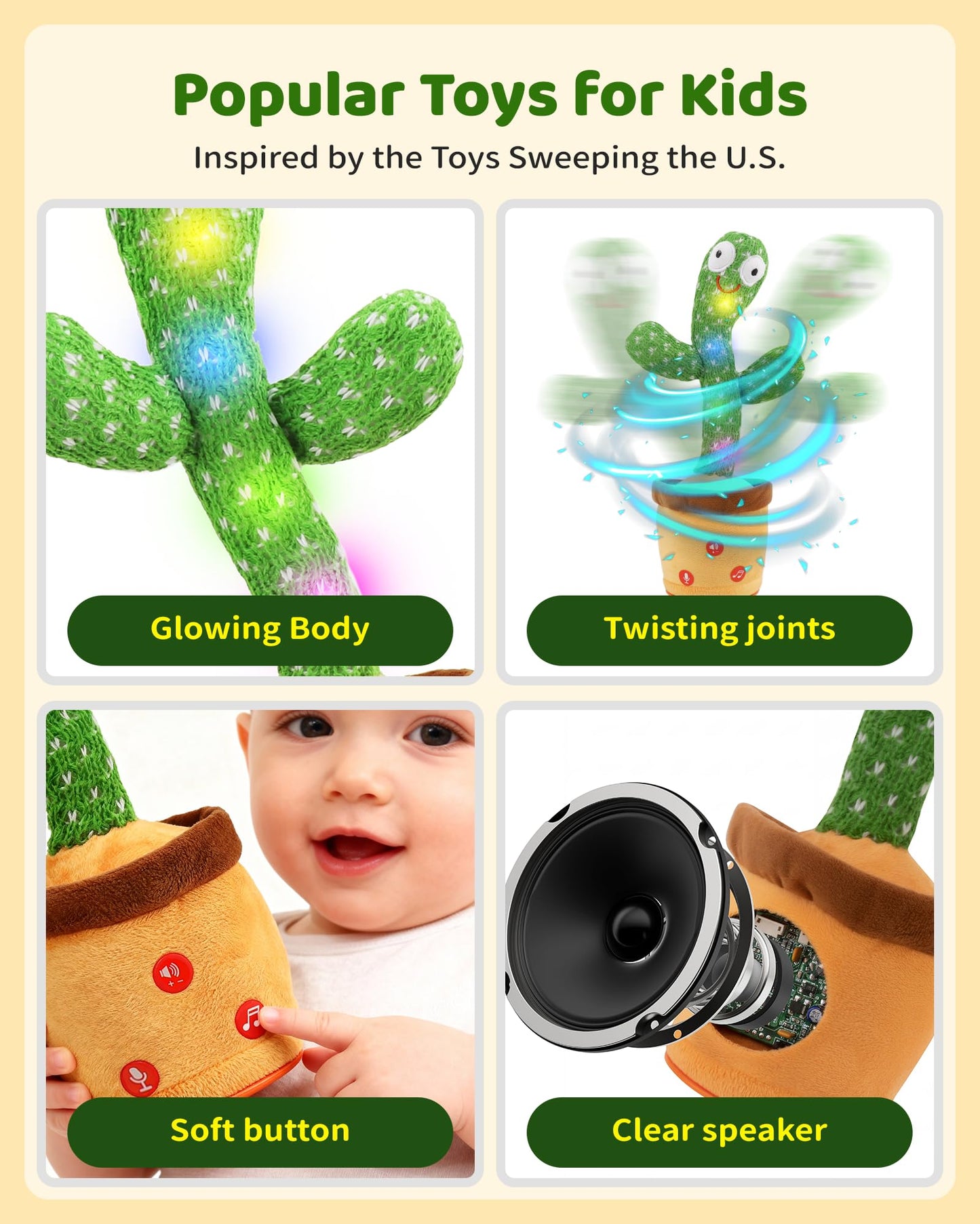 Rechargeable Baby Toys 3-6 6-12 12-18 Months Dancing Talking Cactus N26