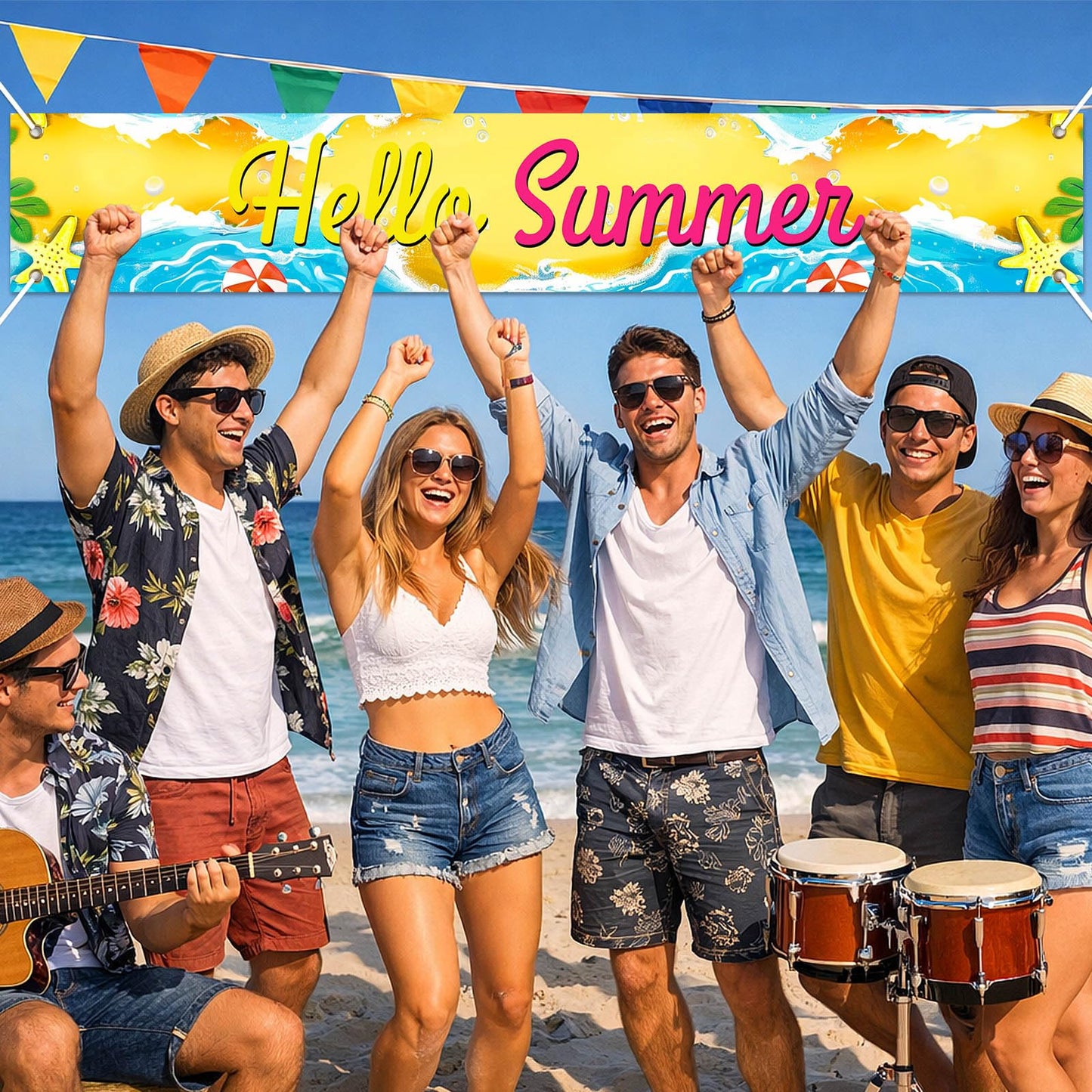 BlissYard Hello Summer Banner 118 x 20 Inch Pool Party Decorations Beach Surfboard Watermelon Tropical Fence Sign Hawaiian Luau Outdoor Backyard Wall Decor BST220