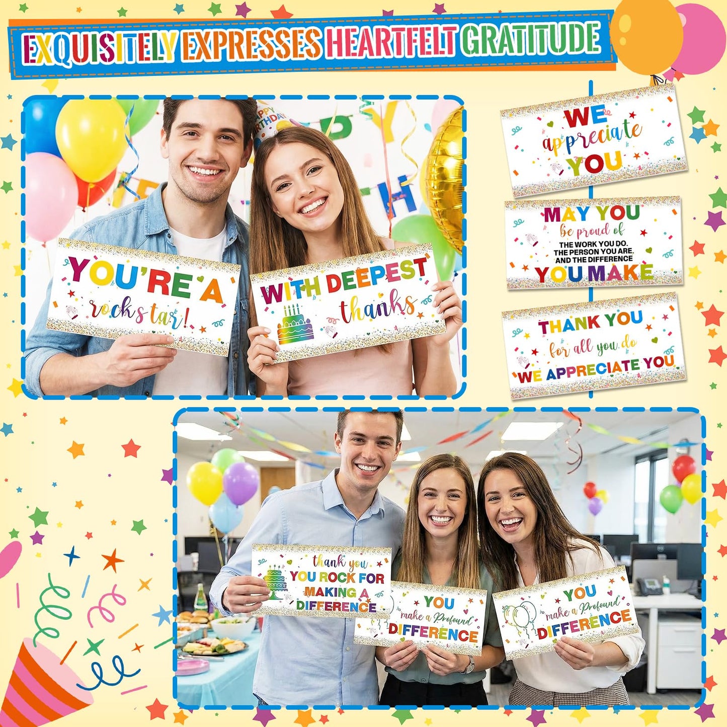 Tinlade 24 Designs Employee Appreciation Decorations Photo Booth Props We Appreciate You Blue Gold Thank You Party Decor Prop PVC Double Sided Selfie Signs for Staff Volunteer Retirement Teacher Nurse BST326H