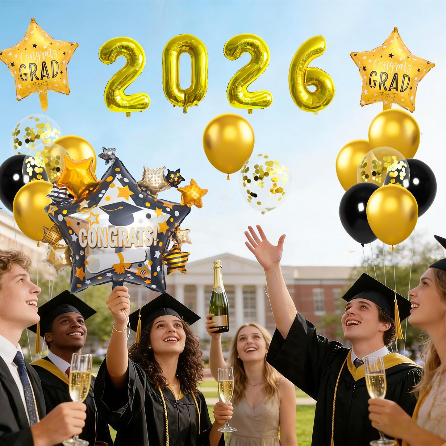 Graduation Balloons Congrats Grad Balloons Gold and Black Balloon for 5th Grade Graduation Decorations Grad Party Decorations 2026 BST326L