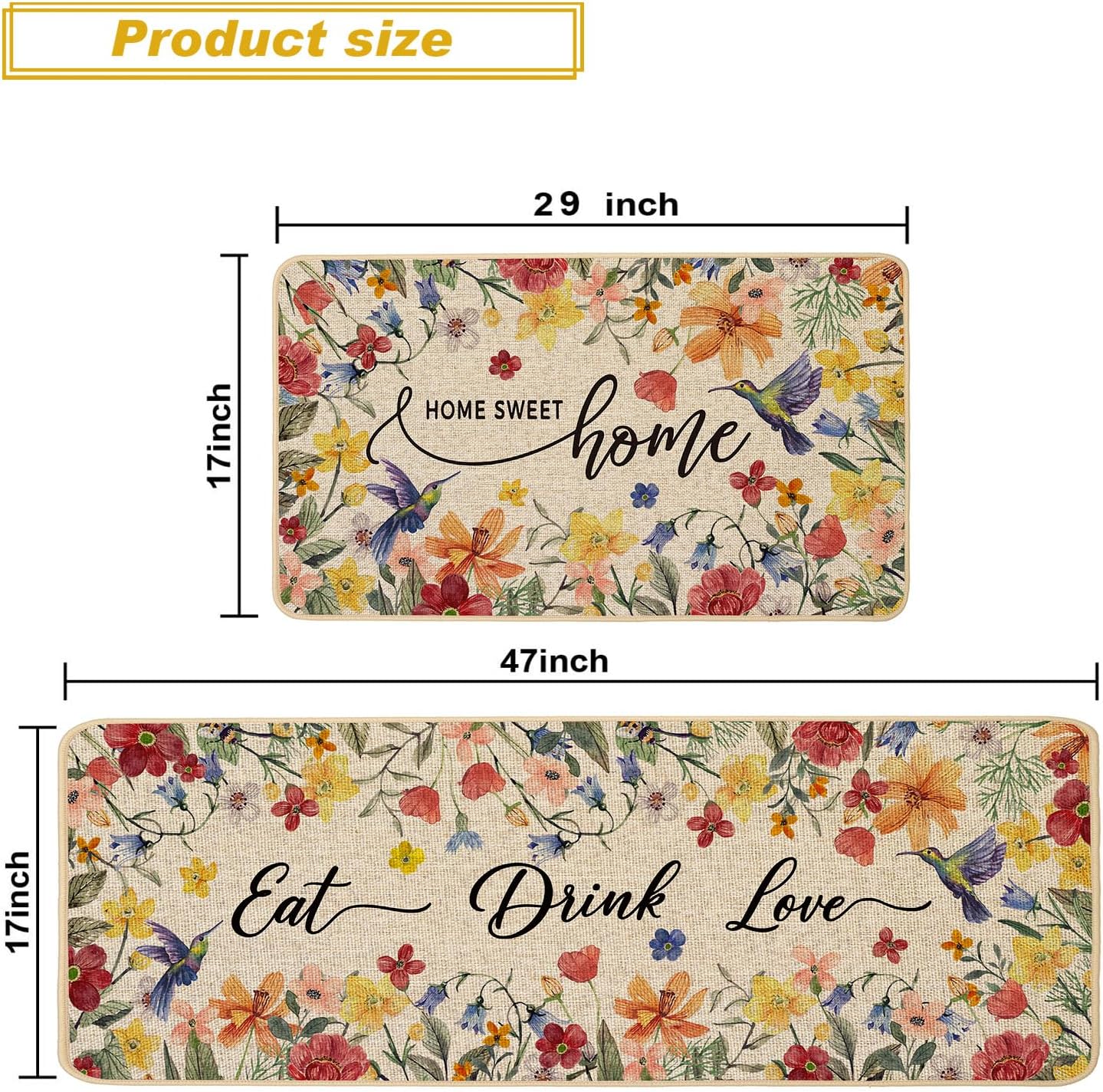 Baccessor Home Sweet Home Floral Kitchen Mats Set of 2,Spring Summer Hummingbird Flowers Kitchen Rugs Absorbent Non Slip Low-Profile Washable for Floor Home Decor 17x29 and 17x47 Inch BST202