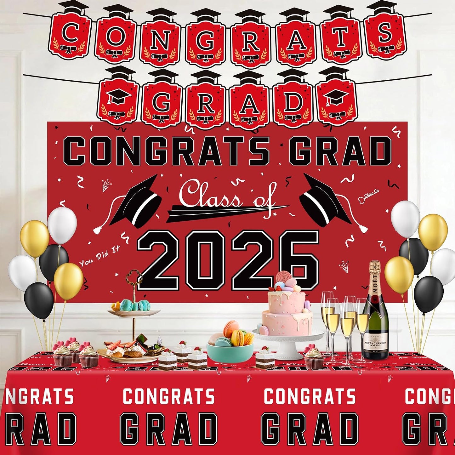 Graduation Decorations 2026 2027 - Red Congrats Grad Banner Backdrop Tablecloth Set - Graduation Decorations Class of 2026 | Graduation Party Favors Supplies WN420