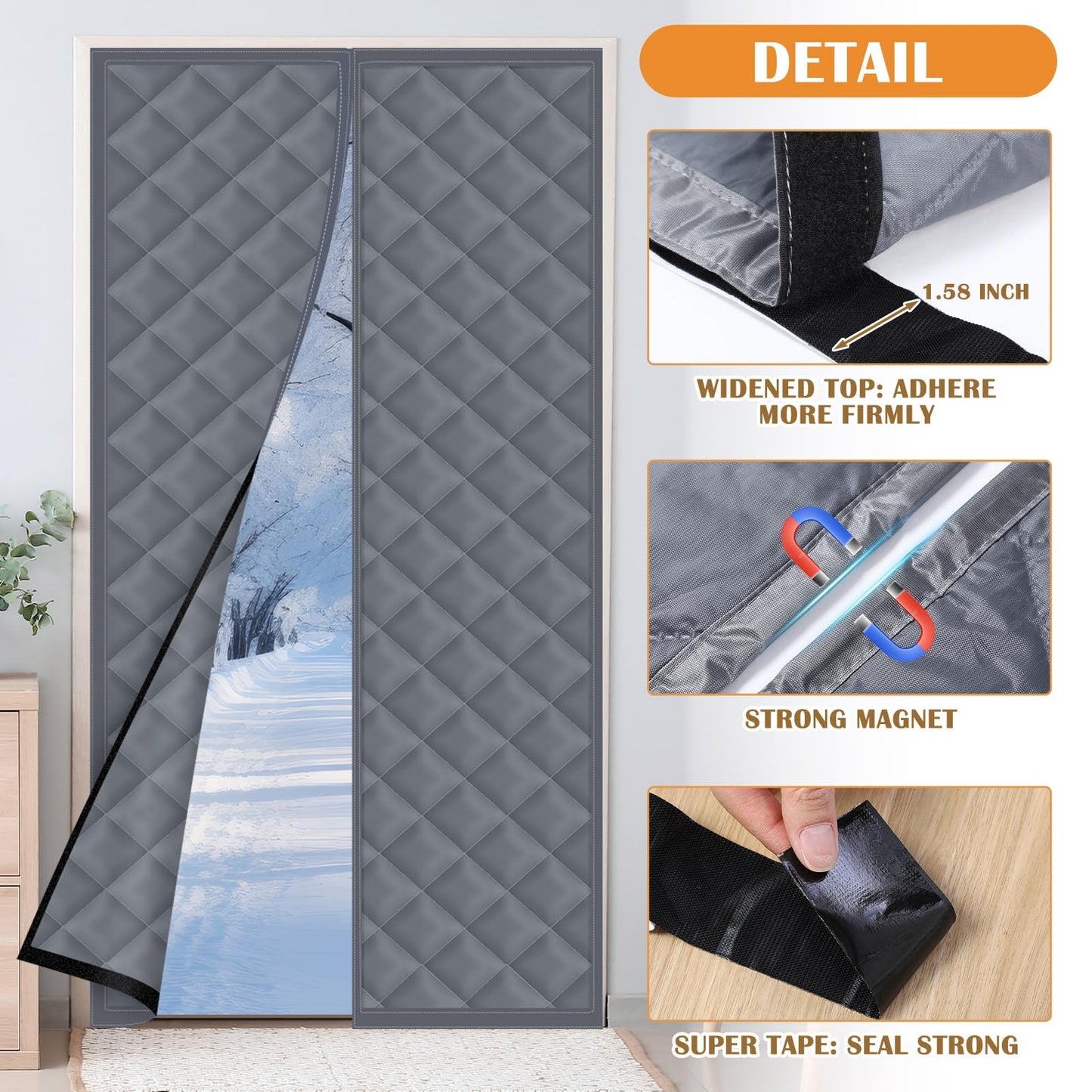 Fanfanwin 2 Sets Magnetic Thermal Insulated Curtains for Doors Winter Thicken Quilted Oxford Cotton Door Cover Waterproof Window Attic Blanket for Cold Weather(Gray,36" X 80")