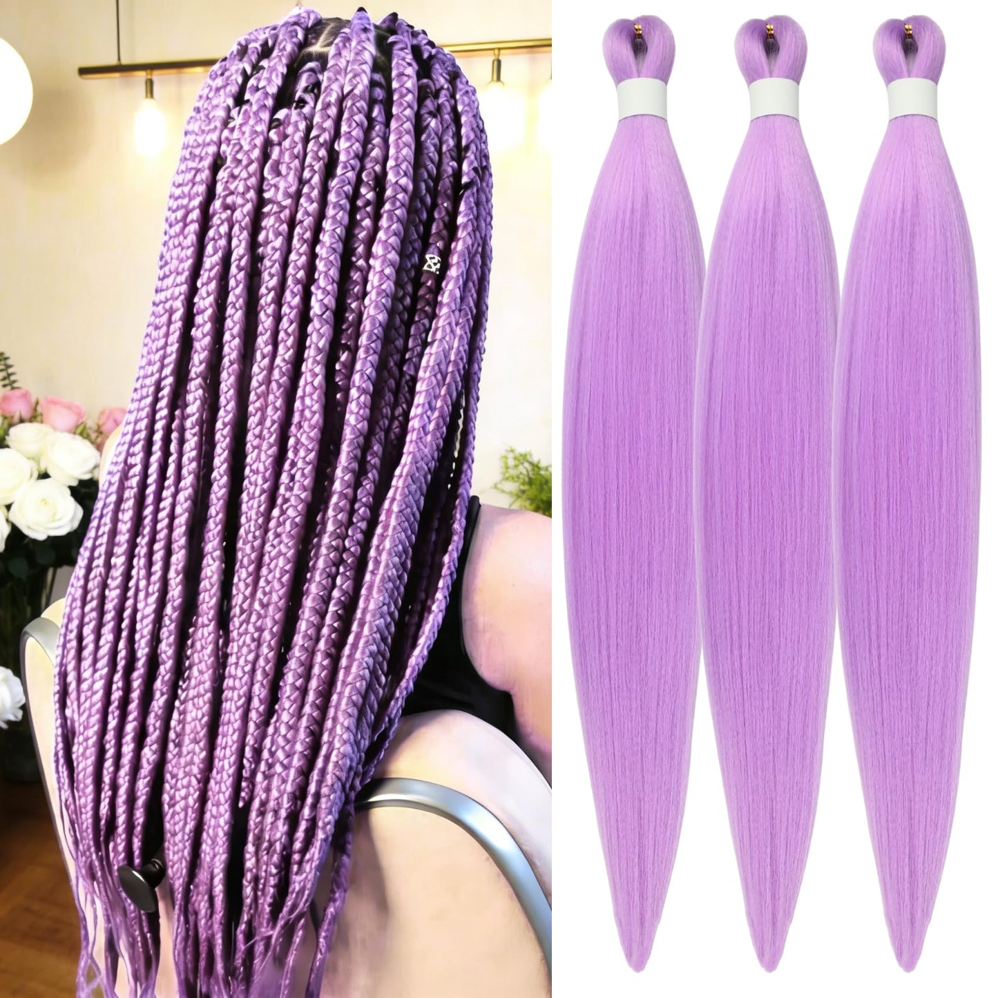Purple Braiding Hair Pre stretched Knotless 26 inch | Hypoallergenic Synthetic Purple Prestretched Ez Braid Knotless Itch Free Soft Yaki Texture Hot Water Setting WN420