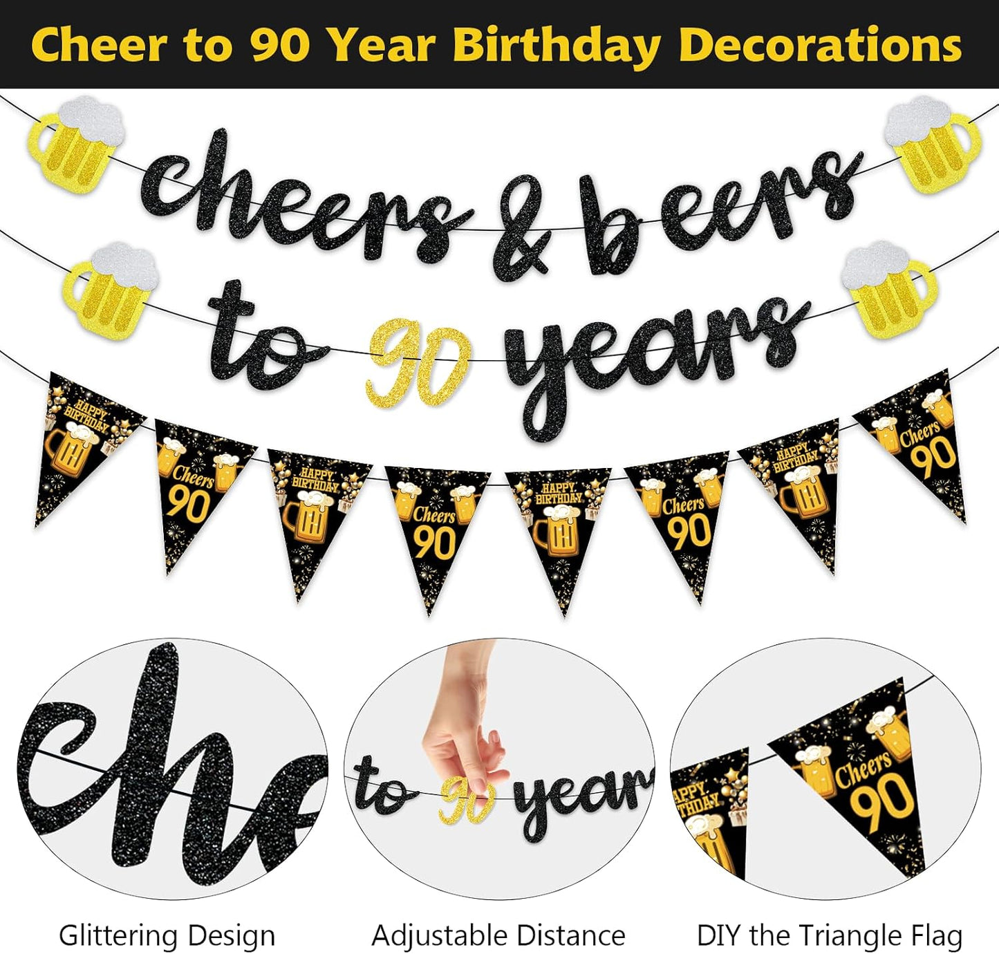 Black Gold 90th Birthday Decorations for Men Women, Glitter Pre-Strung Cheers to 90 Years Banner Hello 90 Hanging Swirls Paper Triangle Flag Banner Decorations Bday Party Supplies Kit WN420