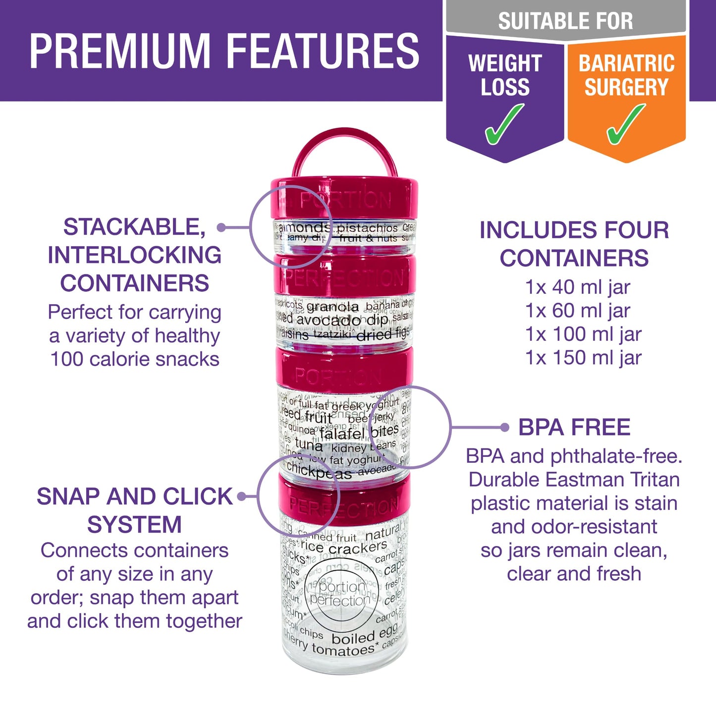 100 Cal Stackable Snack Containers for Weight Management, Food Portion Control Containers for Weight Control with Instructions for Men, Women and Bariatric Must-Haves (Purple) BST326H