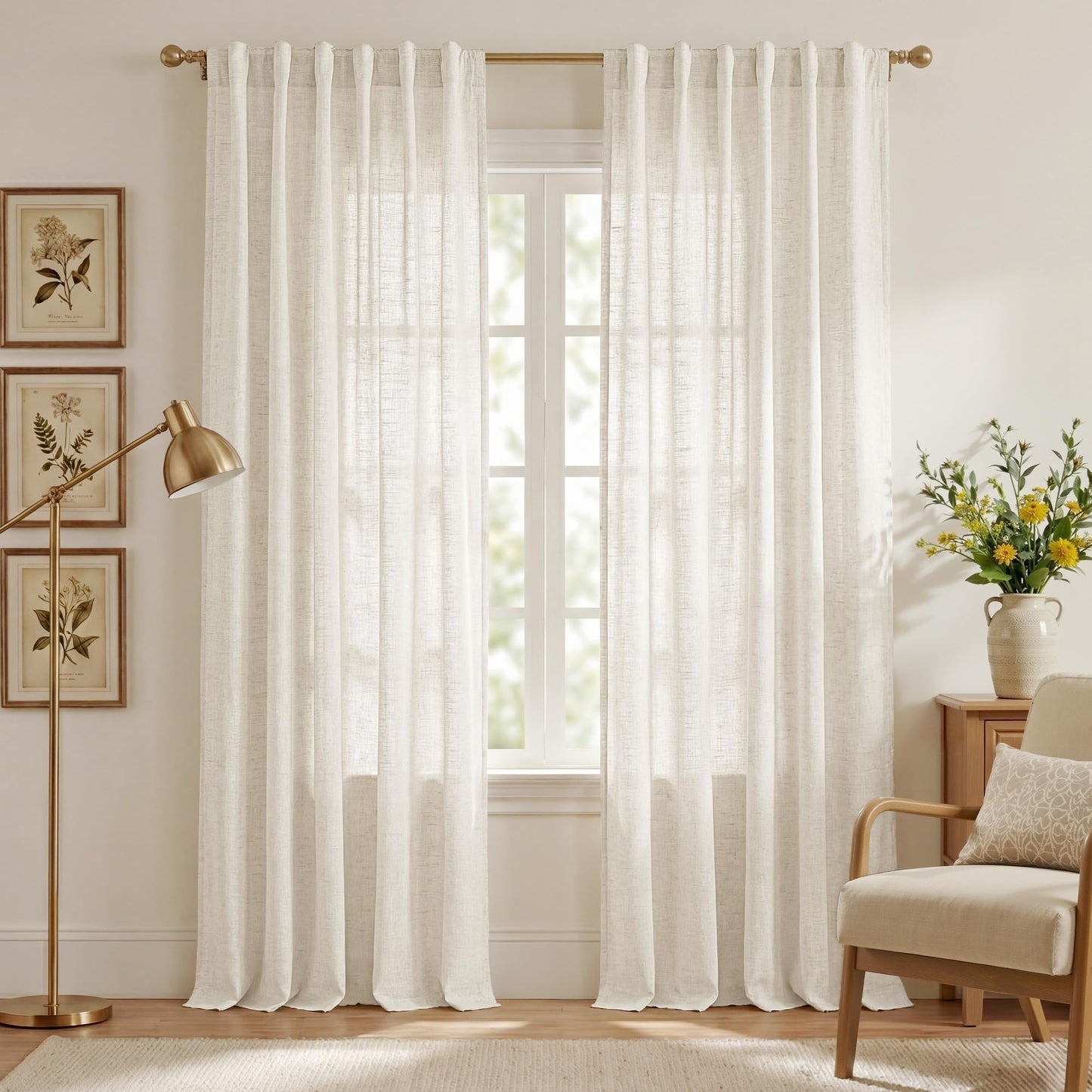 NICETOWN White Semi Sheer Kitchen Curtains 30 inch Length, Rod Pocket & Back Tab Faux Linen Blend Privacy with Light Filtering Window Drapes for Cafe, W34 x L30, 2 Panels BST220