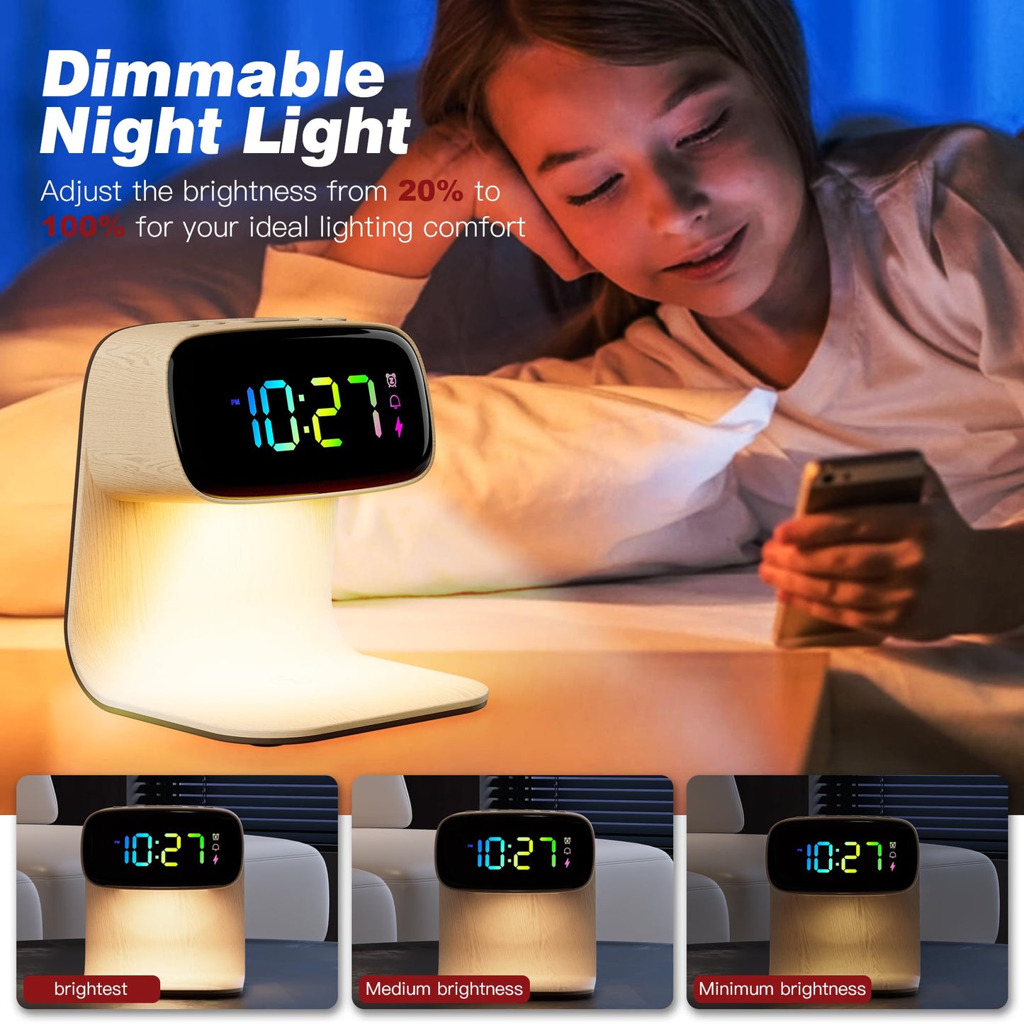 Digital Alarm Clock with Wireless Fast Charging Station 15W Touch Smart Lamp for Bedside,3 Colors Nightlight Adjustment Night Lamp for Living Room,Bedside,Heavy Sleepers (Woodgrain+Cable&Adapter) BST220