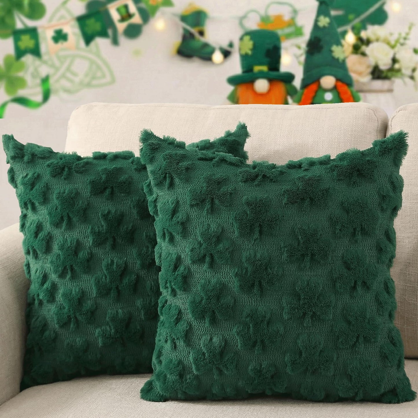 GONOSEED 【3Sizes】 2 Pack 18"*18" St Patricks Day Pillow Covers St Patricks Day Decorations Green Shamrock Soft Plush Faux Fur Jacquard Throw Pillows for Bedroom Sofa Holiday Festivals Home Decor