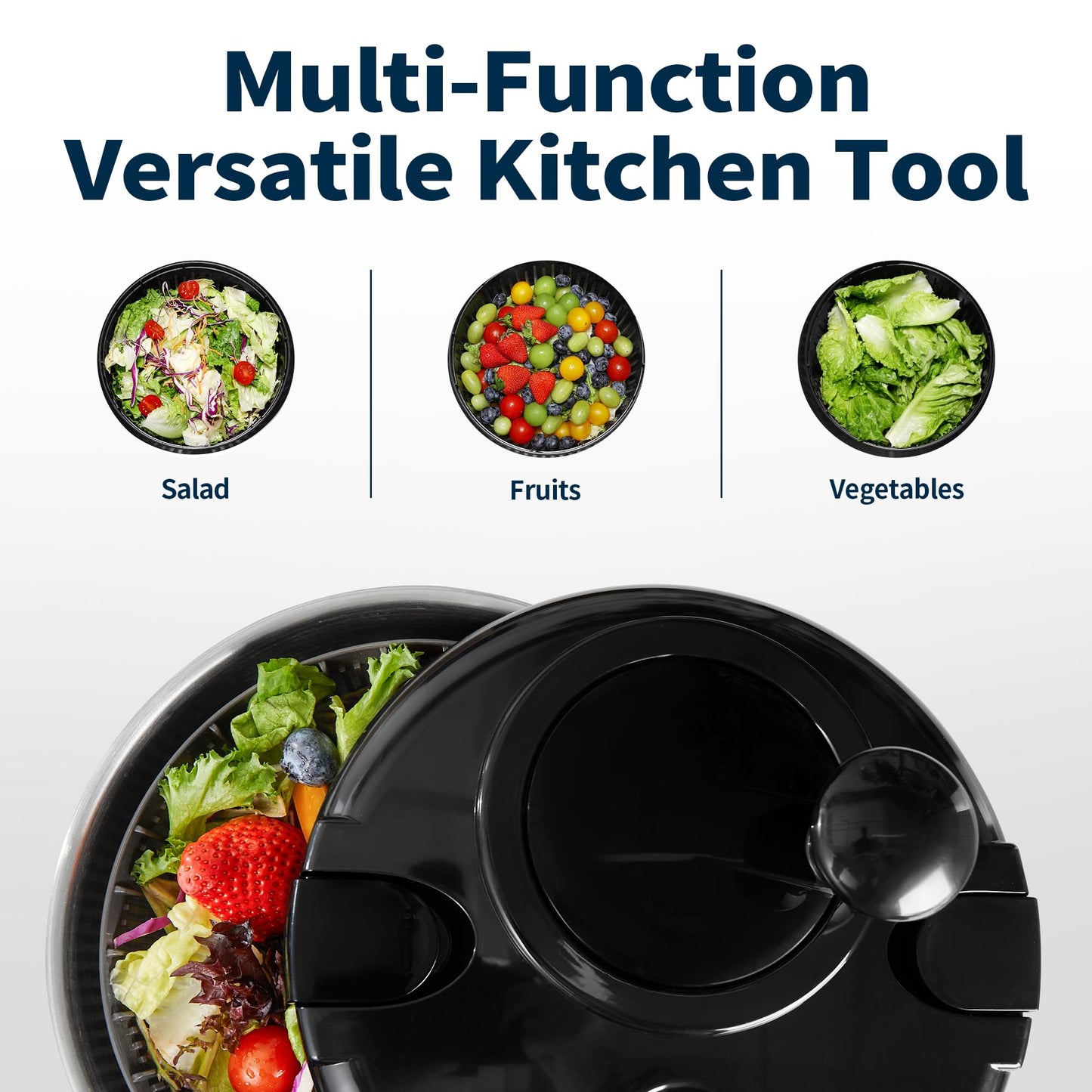 Stainless Steel Salad Spinner, 4.8 Qt Vegetable Washer, BPA-Free Lettuce Dryer with Crank Design, Easy Clean, Non-Slip Base - Transparent Lid BST220