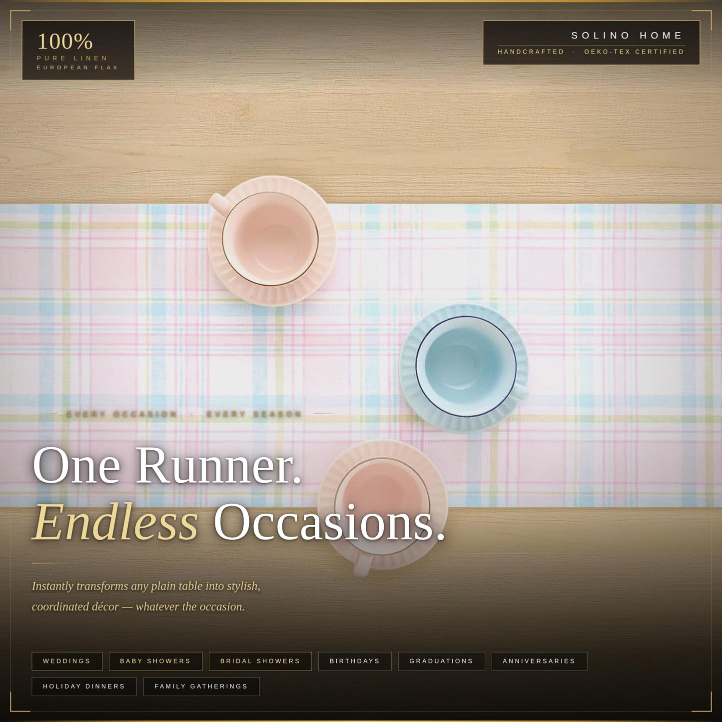 Solino Home 100% Linen Table Runner Multicolor, Rustic Plaid 14 x 72 in | Table Runners for 4-6 seater dining tables, hallway tables and cabinets | Rustic Multicolor | Pure Linen | OEKO-TEX Certified BST326SOLH