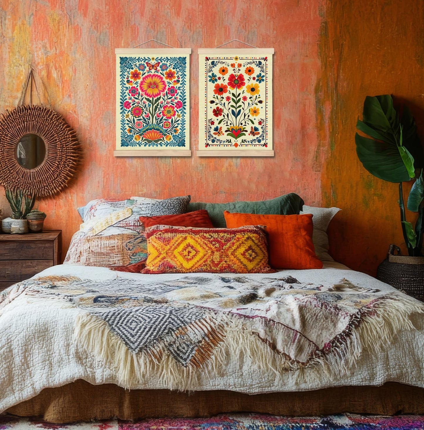SPBL&L Green Boho Floral Mexican Wall Art, Abstract Flower Poster Hanger Frame, Burnt Orange Terracotta Botanical Hanging Canvas Pictures Prints Wall Decor for Home Bedroom, 12x16 Inch Set of 2 BST202