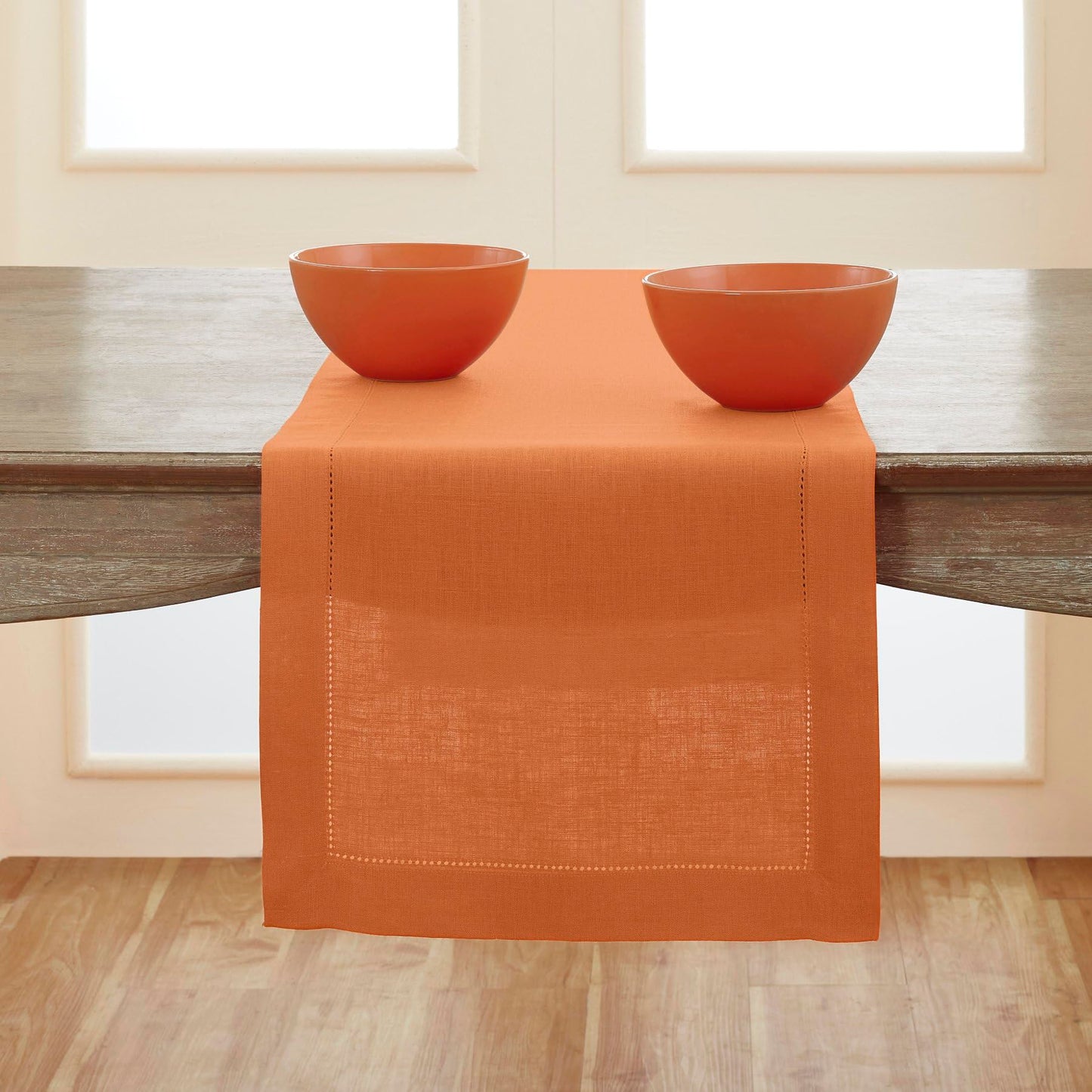 Solino Home 100% Pure Linen Table Runner Garden Green Hemstitch, 14 x 48 in | Classic Hemstitch Table Runners for dining, hallway and console table styling | hand hemstitched borders | OEKO-TEX Certified BST326SOLH