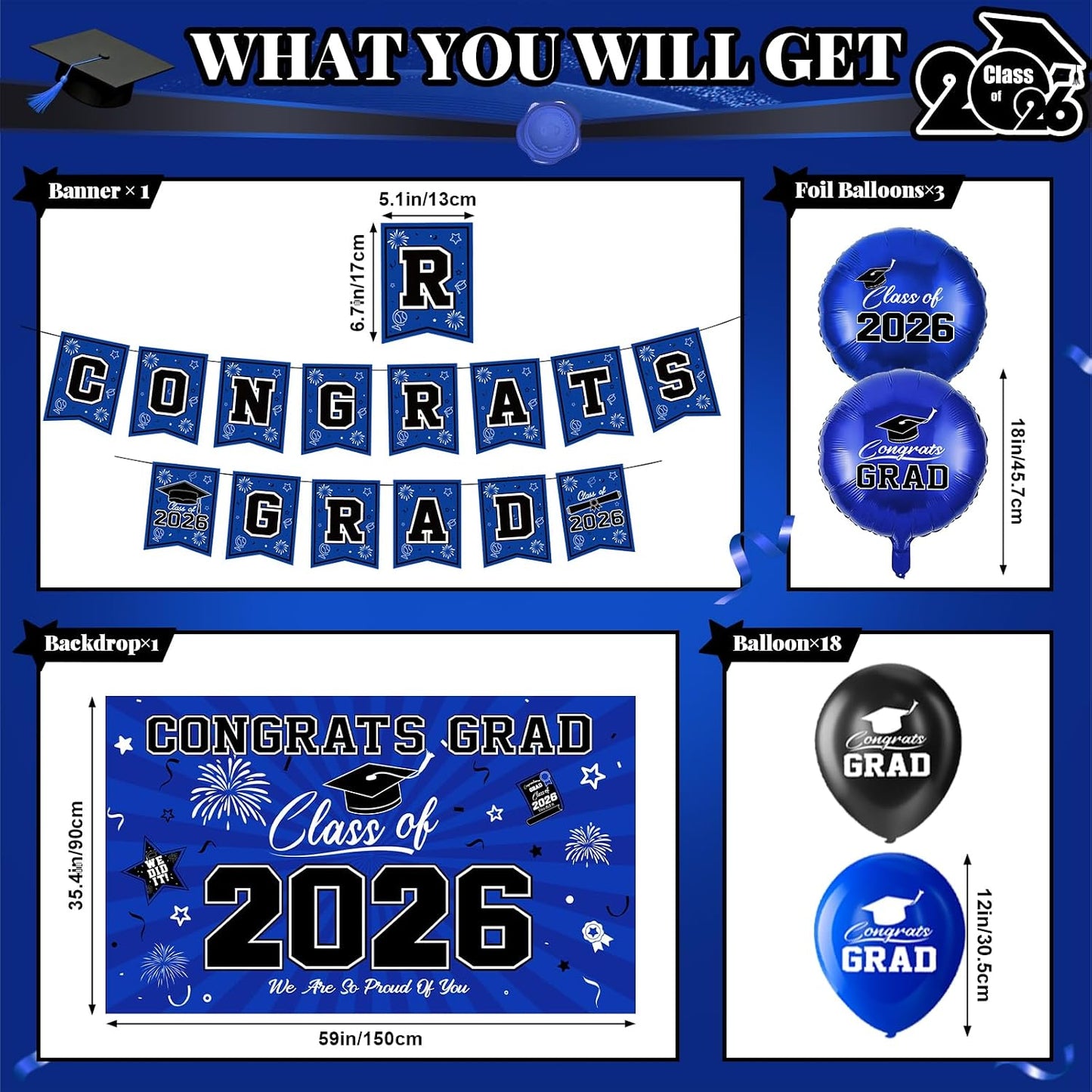 Graduation Decorations 2026-Blue and Black Graduation Party Decorations Supplies Class of 2026 with Graduation Banner, Backdrop, Balloons, Centerpieces, Hanging Swirl for Grad Party BST326H