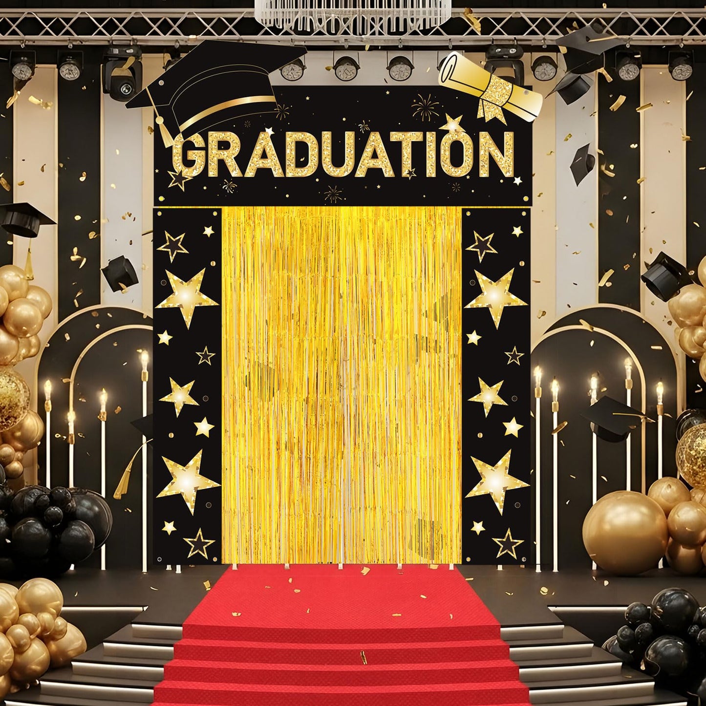HunnmingRe 7 Pcs 2026 Graduation Party Decoration Include Class of 2026 Graduation Door Porch Banner, Gold Fringe Curtain, Red Carpet, Grad Photo Backdrop for College School(Red) BST202