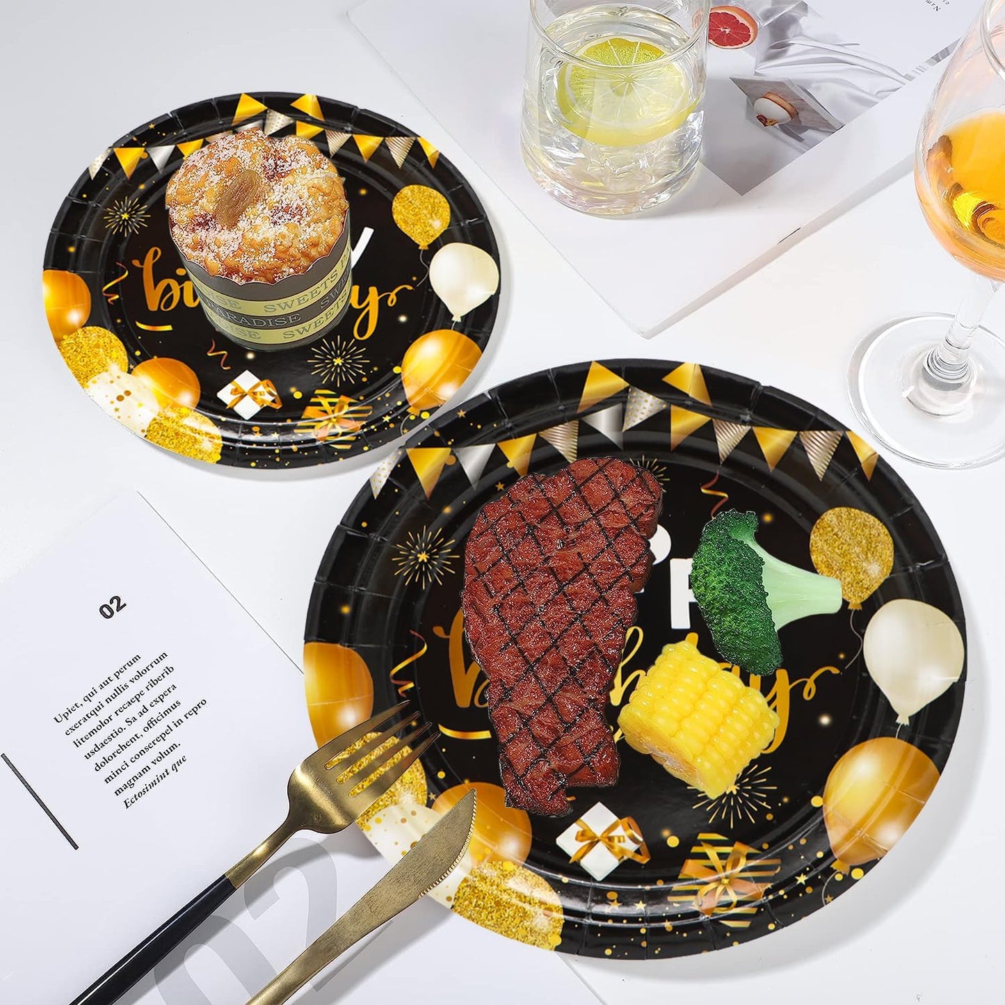 150Pcs Black & Gold Party Supplies - Happy Birthday Set with 9" & 7" Plates, Napkins, Knives, Forks, Spoons for 30th-80th Anniversary Decor BST326H