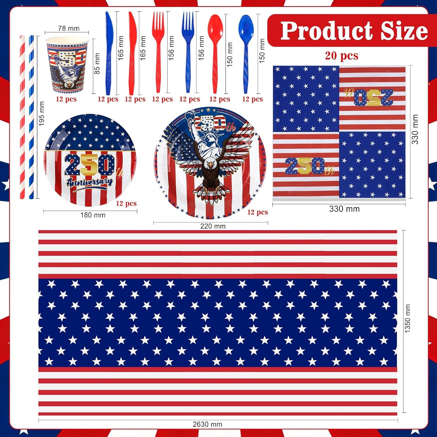 HOWAF 105pcs 4th of July 250 Years of Freedom Tableware Set, Patriotic USA 1776-2026 Anniversary Dinnerware for Independence Day, Fourth of July Party Decor, America 250th Birthday Party Supplies BST326H
